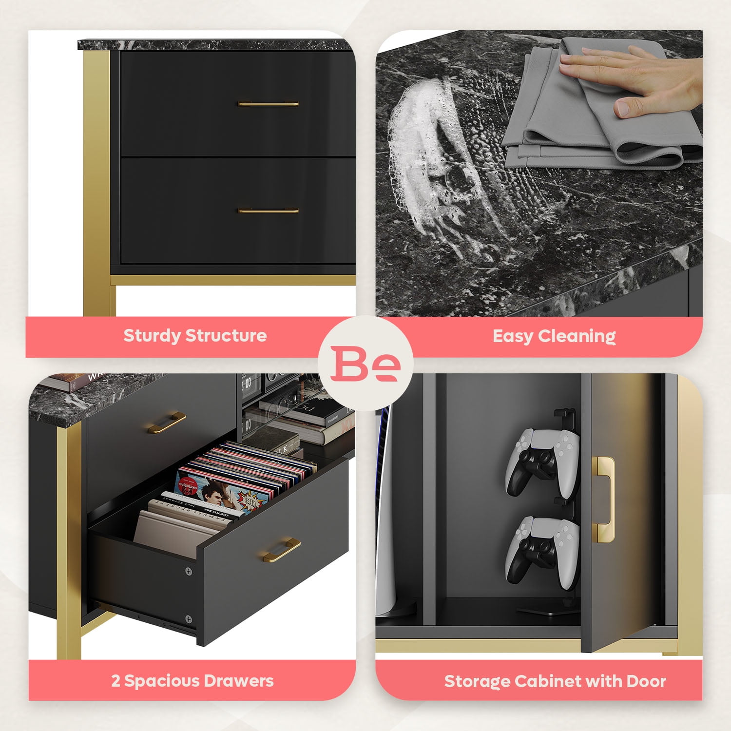 Bestier 80" Modern TV Stand LED Entertainment Center High Gloss Console Table for TVs up to 85" with Storage Cabinet and Drawers, Black - Image 4