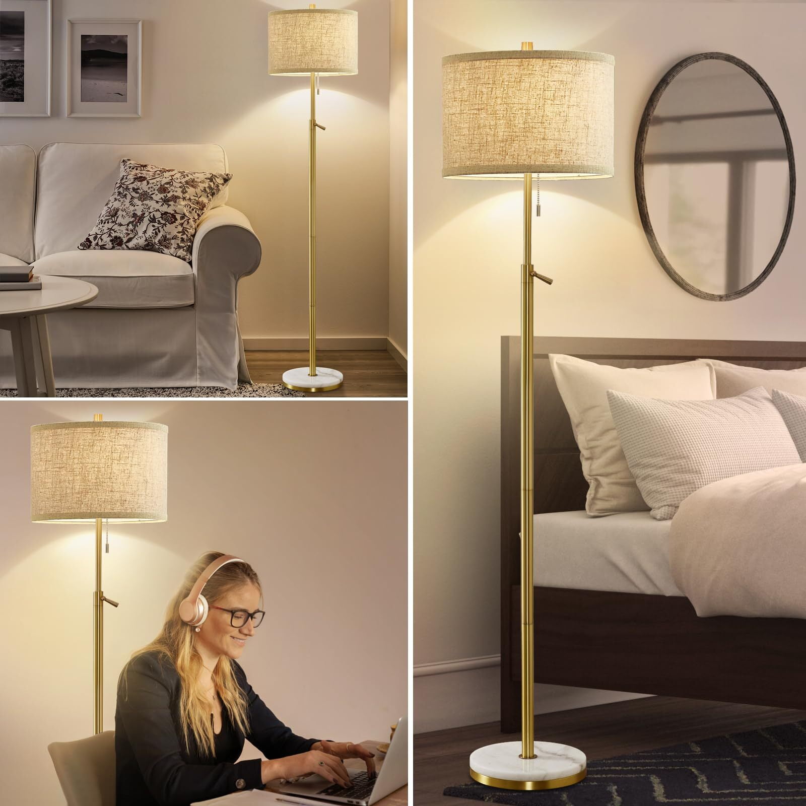 NATYSWAN Modern Floor Lamp for Living Room, Adjustable Height Standing Lamp with Marble Base Tall Lamp with Pull Chain Switch Floor Lamps for Living Room, Bedroom & Office Bulbs Not Included (Gold) - Image 8
