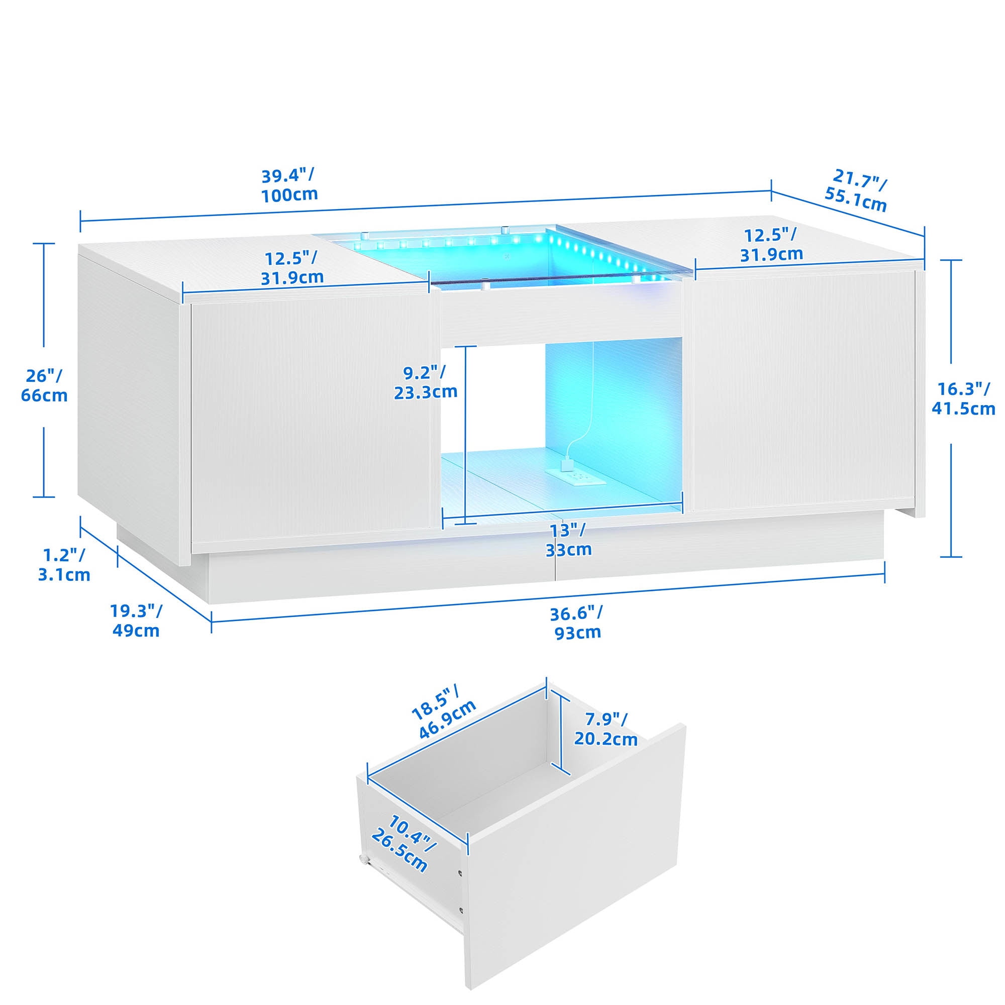 Dextrus Modern LED Coffee Table, White Coffee Table with Storage, Large Living Room Center Tables, 2 Tiers and 2 Drawers - Image 3