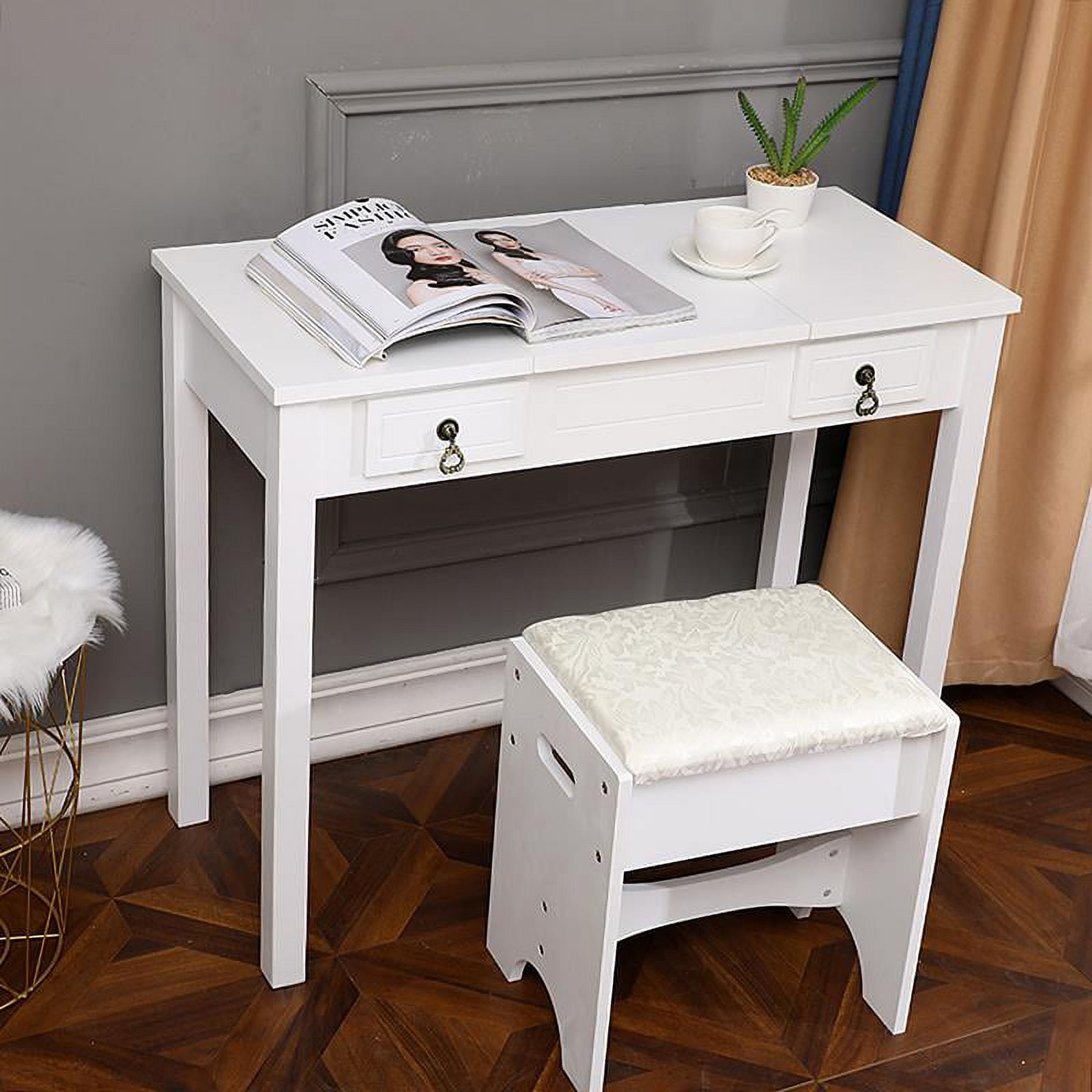Ktaxon Vanity Set,Flip-top Mirror Dressing Table Makeup Vanity Table Writing Desk with 2 Drawers and Stool, White - Image 4