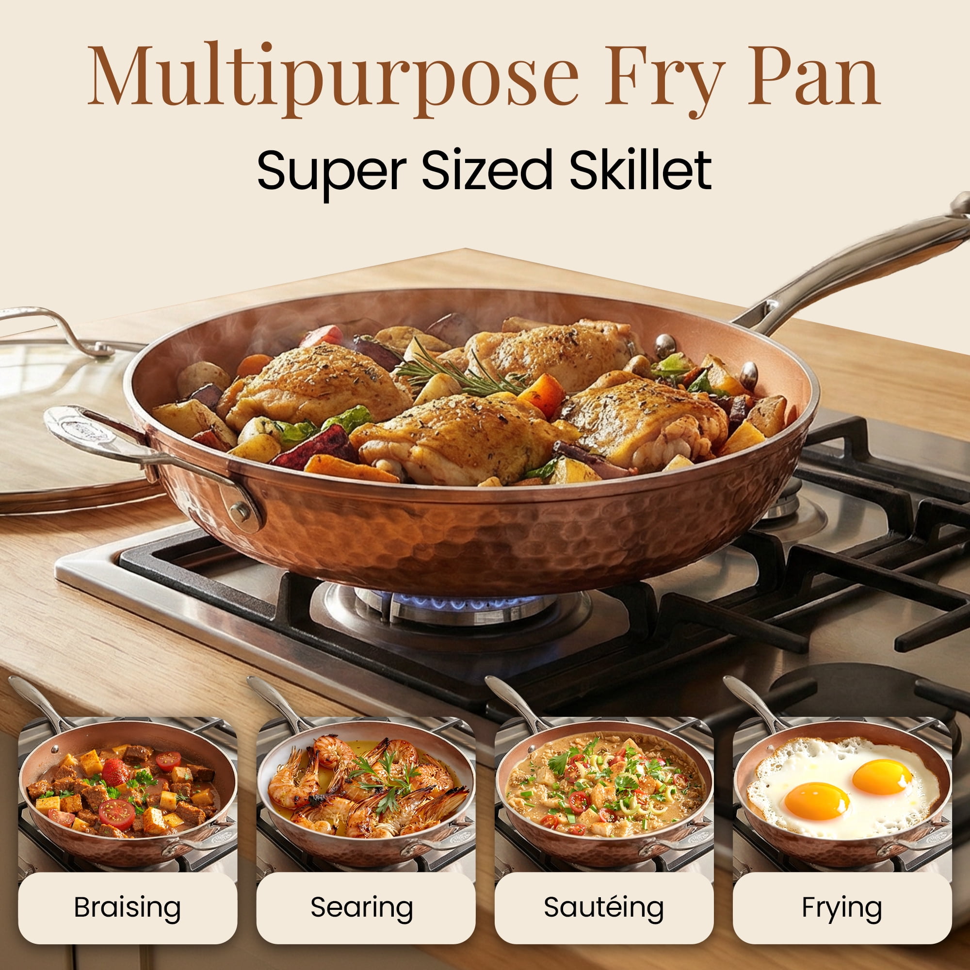 Gotham Steel 14 Inch Non Stick Frying Pans with Lid, Large Frying Pans Nonstick with Lid, Non Toxic Ceramic Pan Skillet, Nonstick Frying Pan, Induction Pan, Oven/Dishwasher Safe – Copper Hammered - Image 3