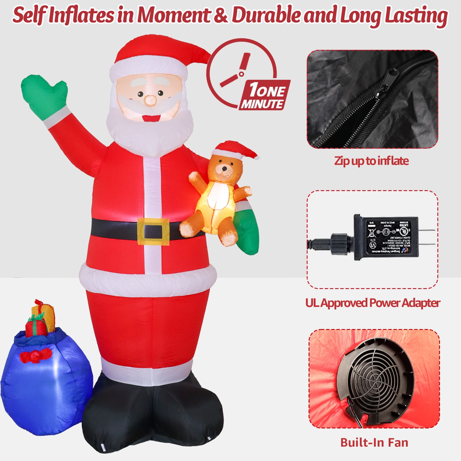 DAKIMOE 7 ft Tall Christmas Inflatable Santa Claus with Gift Bag and Bear Lights Outdoor Indoor Holiday Party Decorations Blow up Lawn Inflatables for Xmas Décor Home Family Decor Yard Patio - Image 2