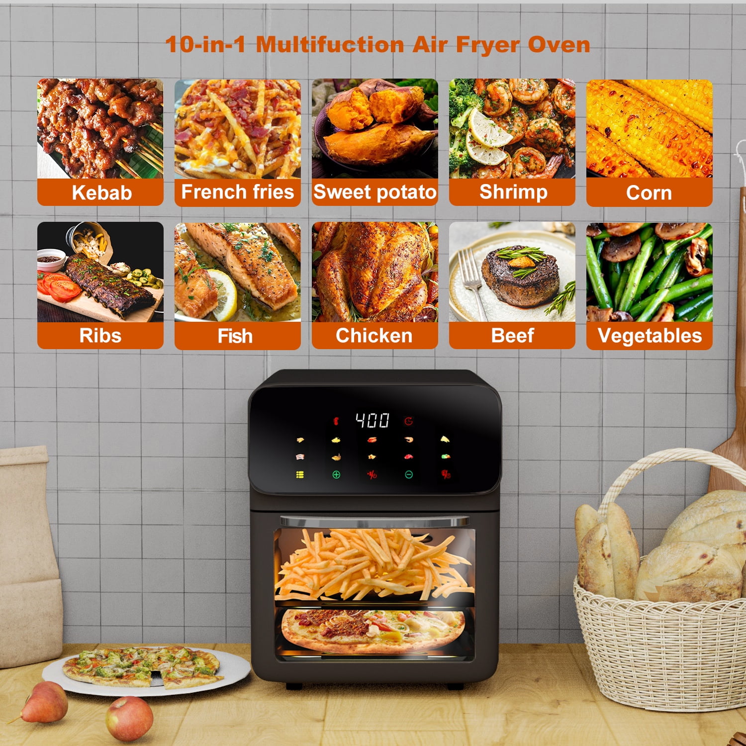 Bluebow Air Fryer 12QT Convection Oven with 10-in-1 Multi Function, Visible Window and Touchscreen, Black - Image 2