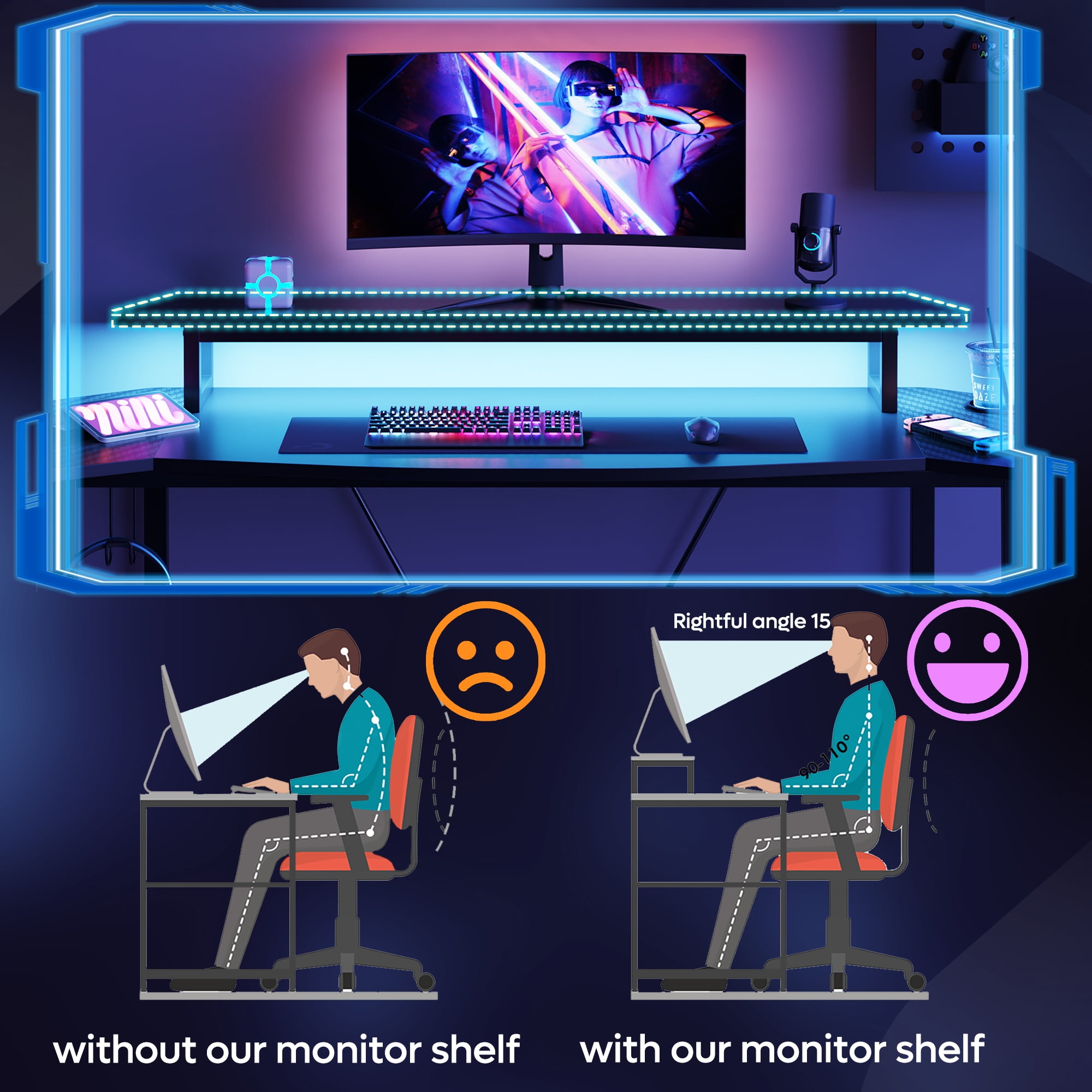 Bestier Gaming Desk 63" Ergonomic Computer Table with LED Lights Monitor Stand Cup Holder, Black - Image 4
