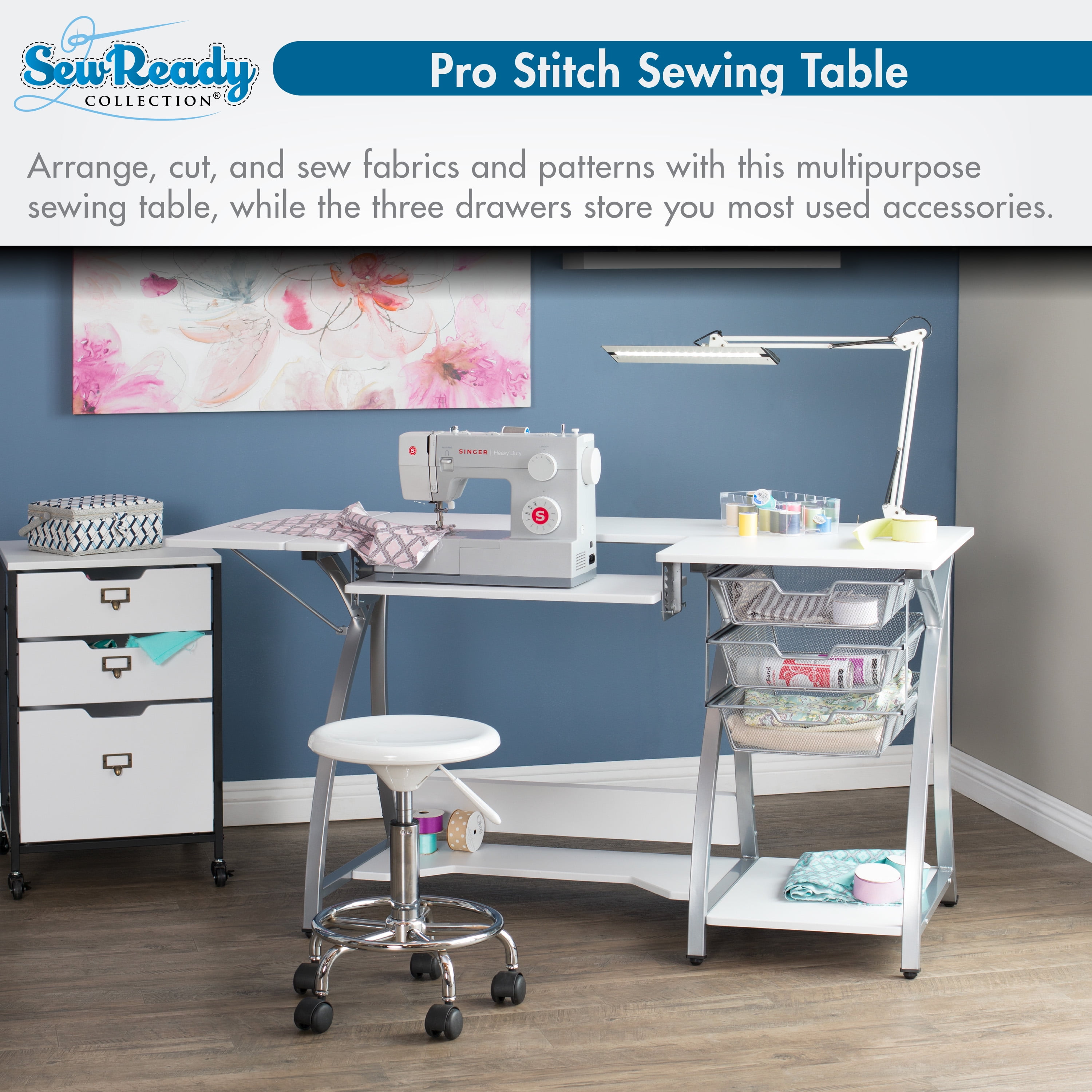 Sew Ready Pro Stitch Sewing Desk with Folding Top Metal Drawers and Storage Shelves Shilver/White - Image 5