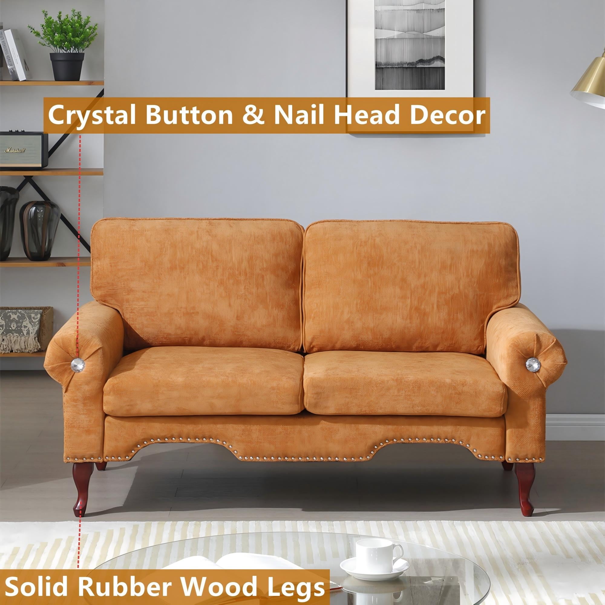 Aukfa 66" Small Sofa Deep Seat Couch with Crystal Button&Copper Nail, Roll Arm, Linen, Orange - Image 3