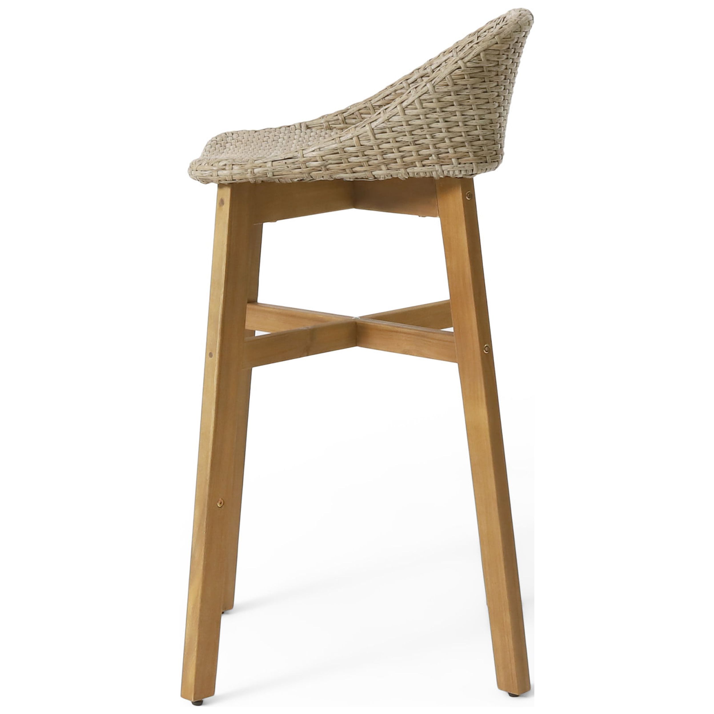 Borah Wicker and Acacia Wood Outdoor Barstools, Set of 2, Light Multibrown and Teak - Image 10