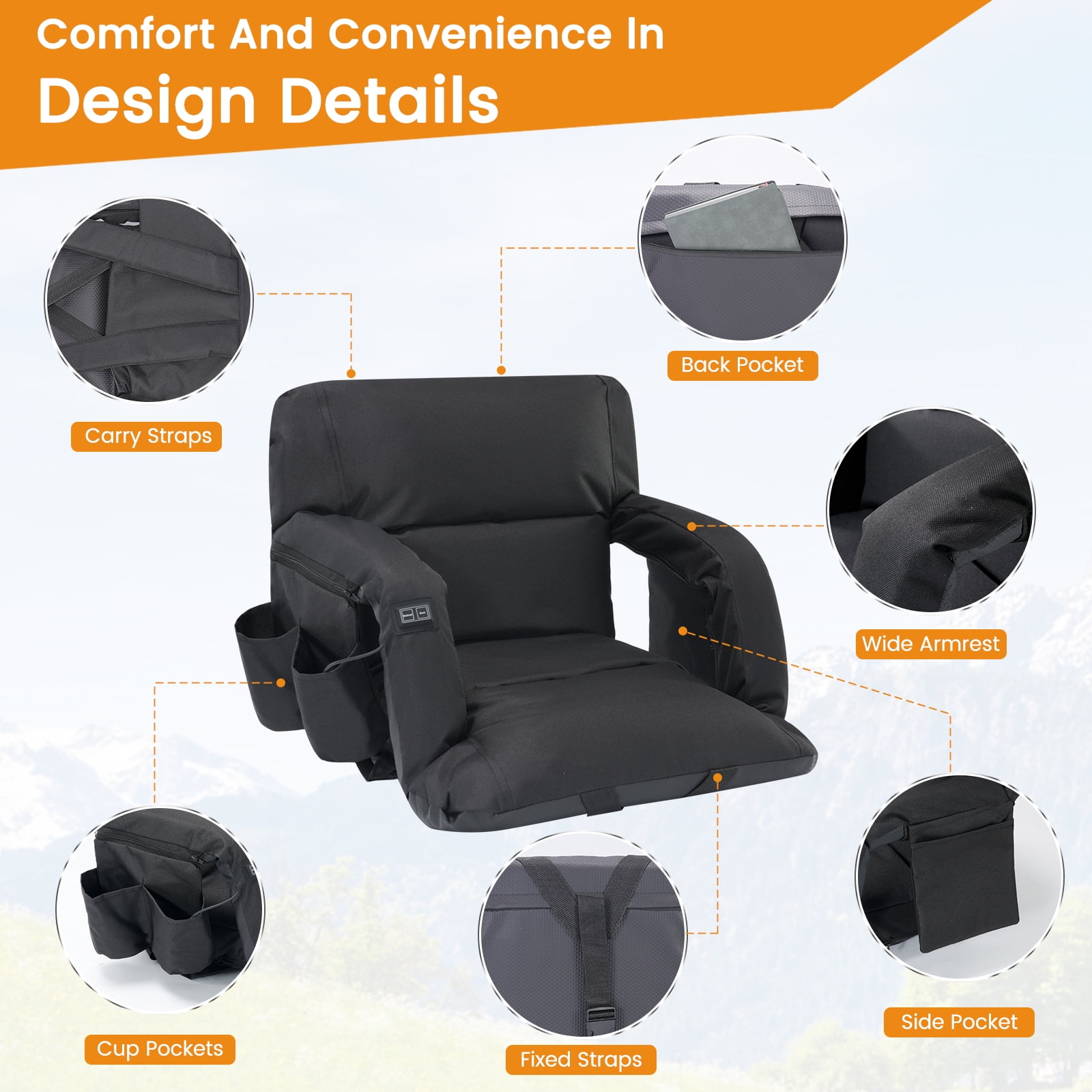 Slsy Dual-Sided Heated Ion Stadium Seats for Bleachers with Back & Arm Support and Wide Cushion, Extra Portable 6 Reclinng Positions Bleacher Seat for Outdoor Camping Games Sports - Image 2