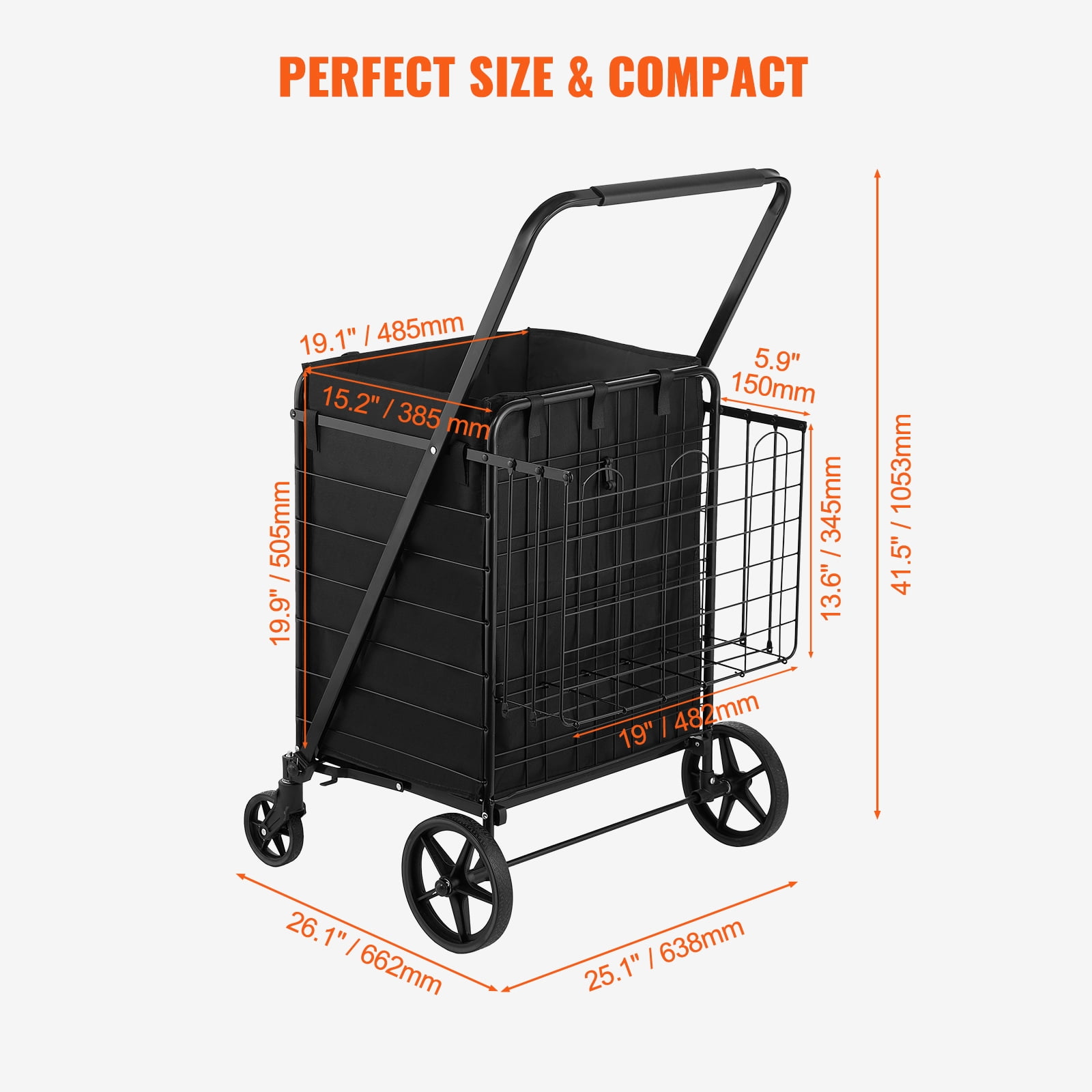KFFKFF Collapsible Shopping Trolley with Detachable Rainproof Cover, 330LBS Spacious Grocery Cart with Double Basket, Omni-directional Wheels, Sturdy Metallic Mesh Foundation, - Image 2