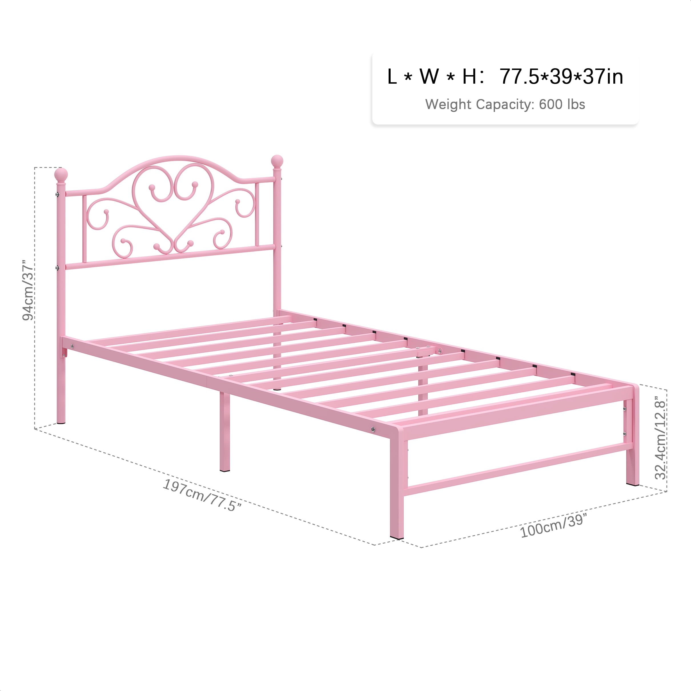 Yoneston Twin Metal Platform Bed Frame with Victorian Style Flower Heart Headboard, Heavy Duty Steel Slat Mattress Foundation for Kids Boys Girls, Pink - Image 5