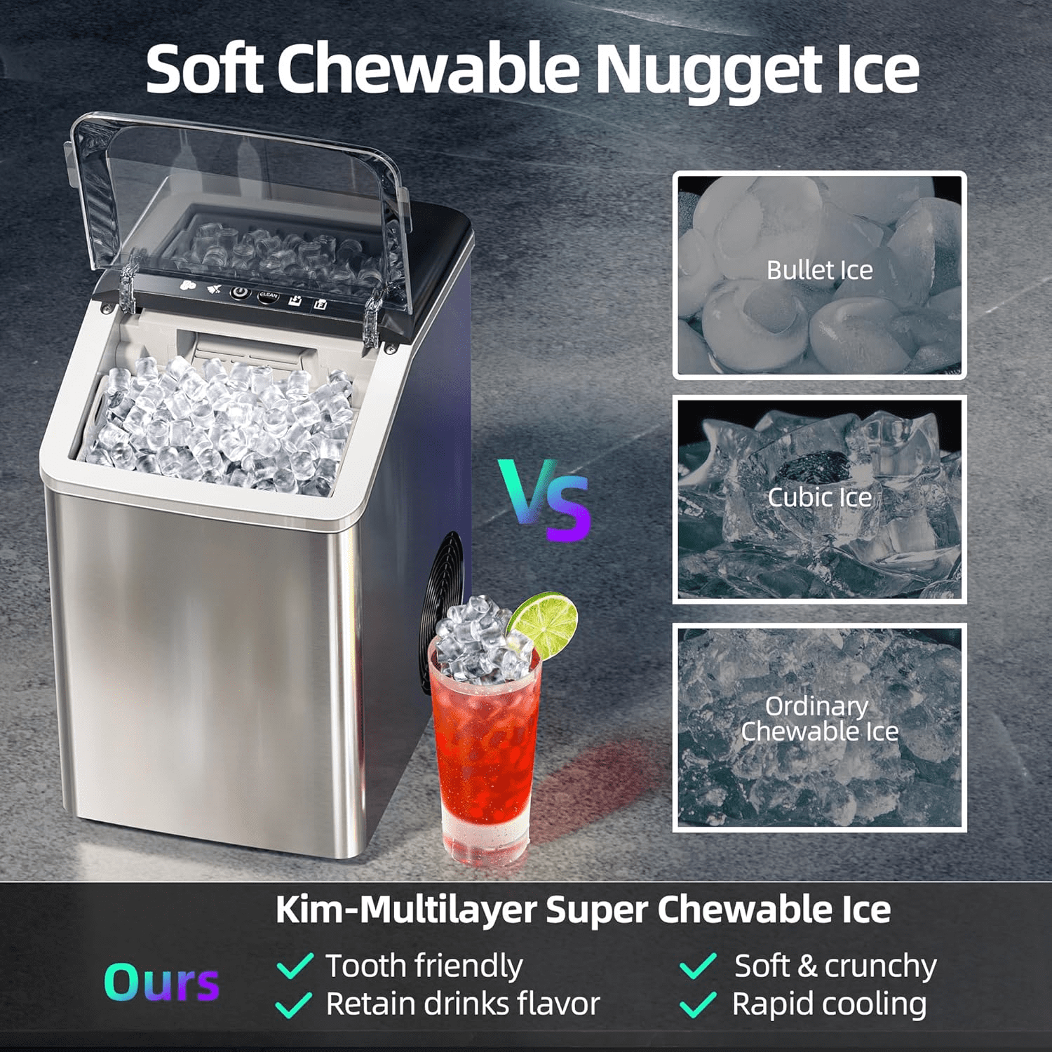 Nugget Ice Maker Countertop, 45 lbs in 24Hrs, Fingerprint-Free Stainless Steel Housing, Self-Cleaning, Portable Ice Maker Machine with Ice Scoop and Basket for Home - Image 6