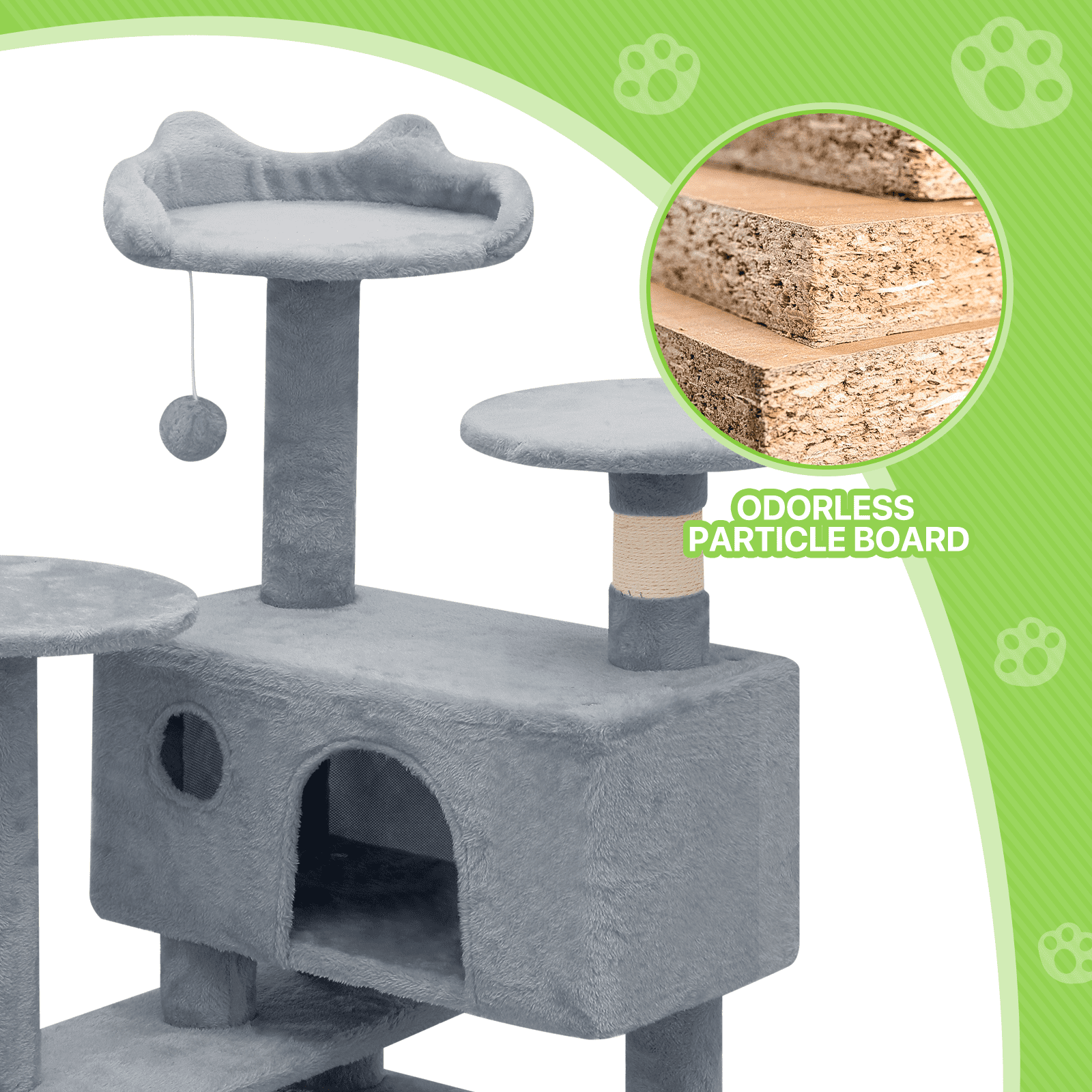 Magshion 60" Multi-Level Cat Tree Tower with Caves, Gentle Ramp, and Pompoms for Indoor Cats, Light Gray - Image 6