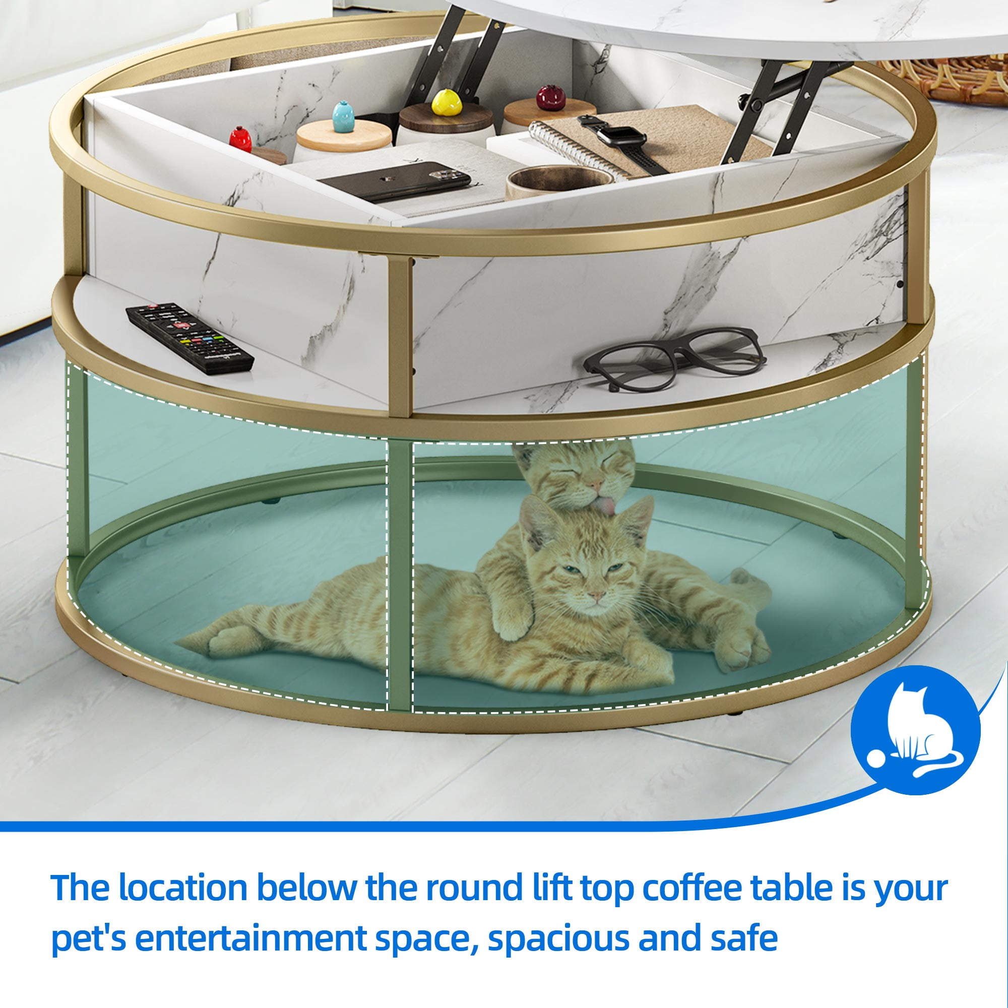 DEXTRUS Modern Lift-Top Round Coffee Table with Storage, Marble White, for Living Room & Office - Image 3