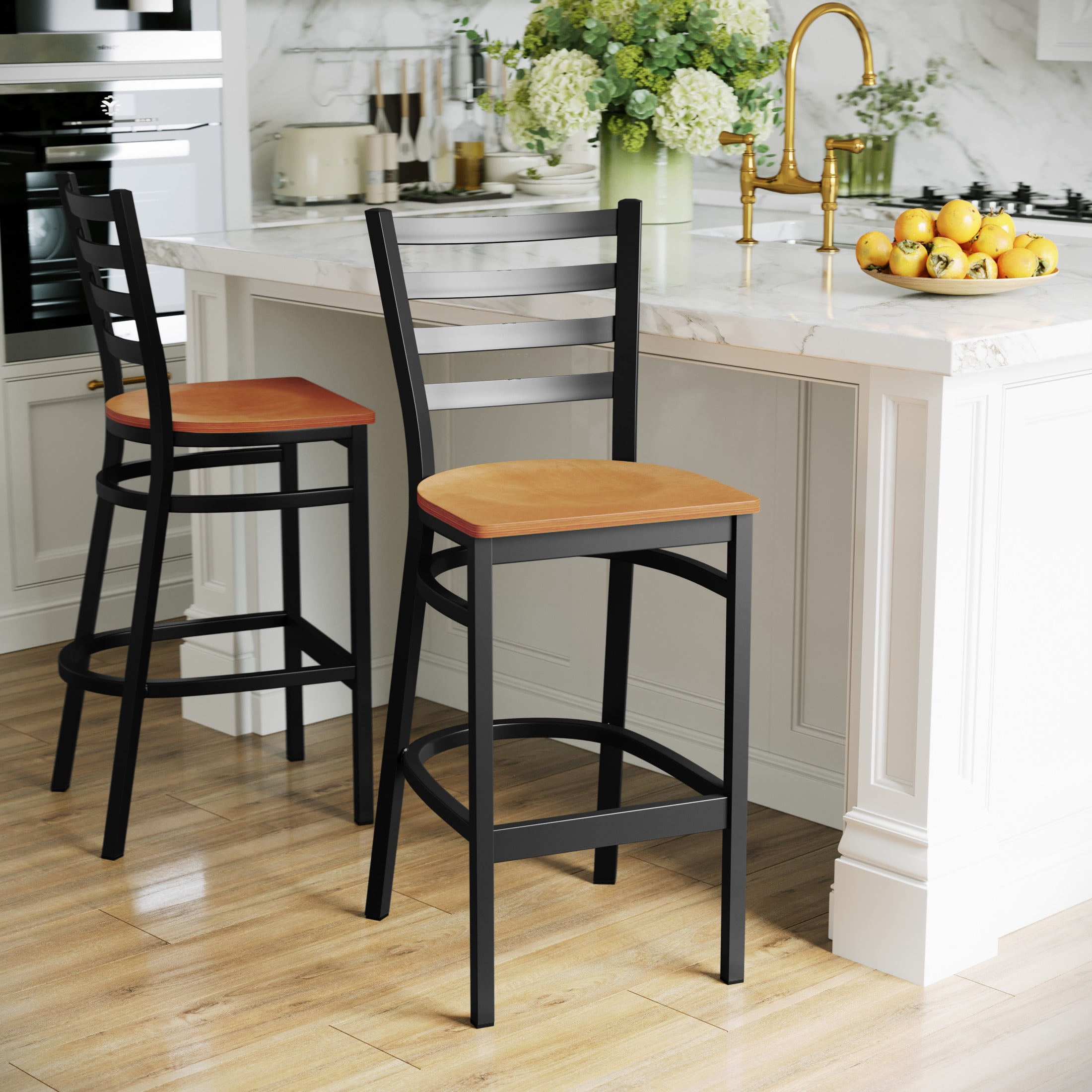 Flash Furniture HERCULES Series Black Ladder Back Metal Restaurant Barstool - Natural Wood Seat - Image 9