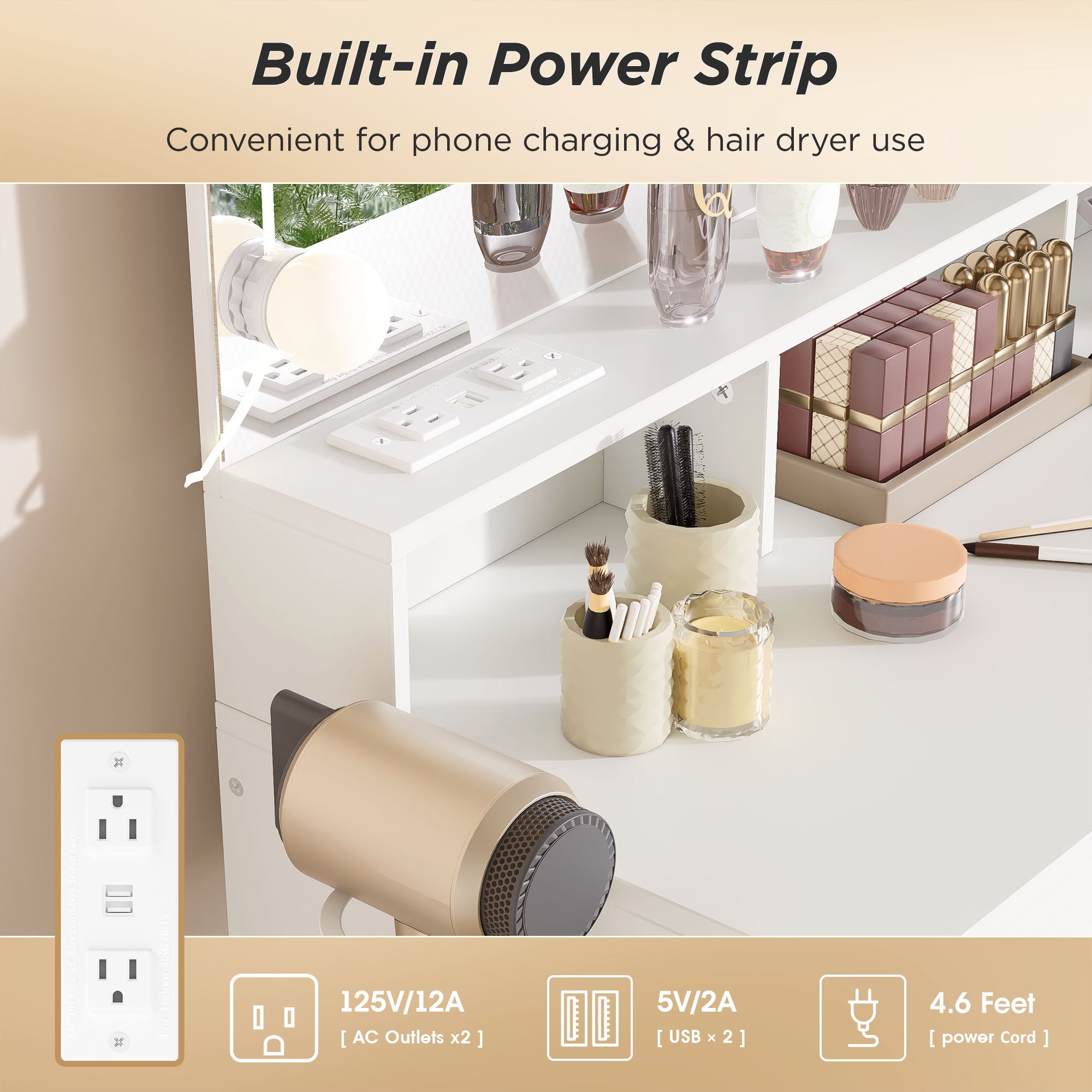 Modern Vanity Table Set with Lighted Mirror,Makeup Table with 2 Drawers & Power Strip,Dresser Desk for Girls, Women, White - Image 3