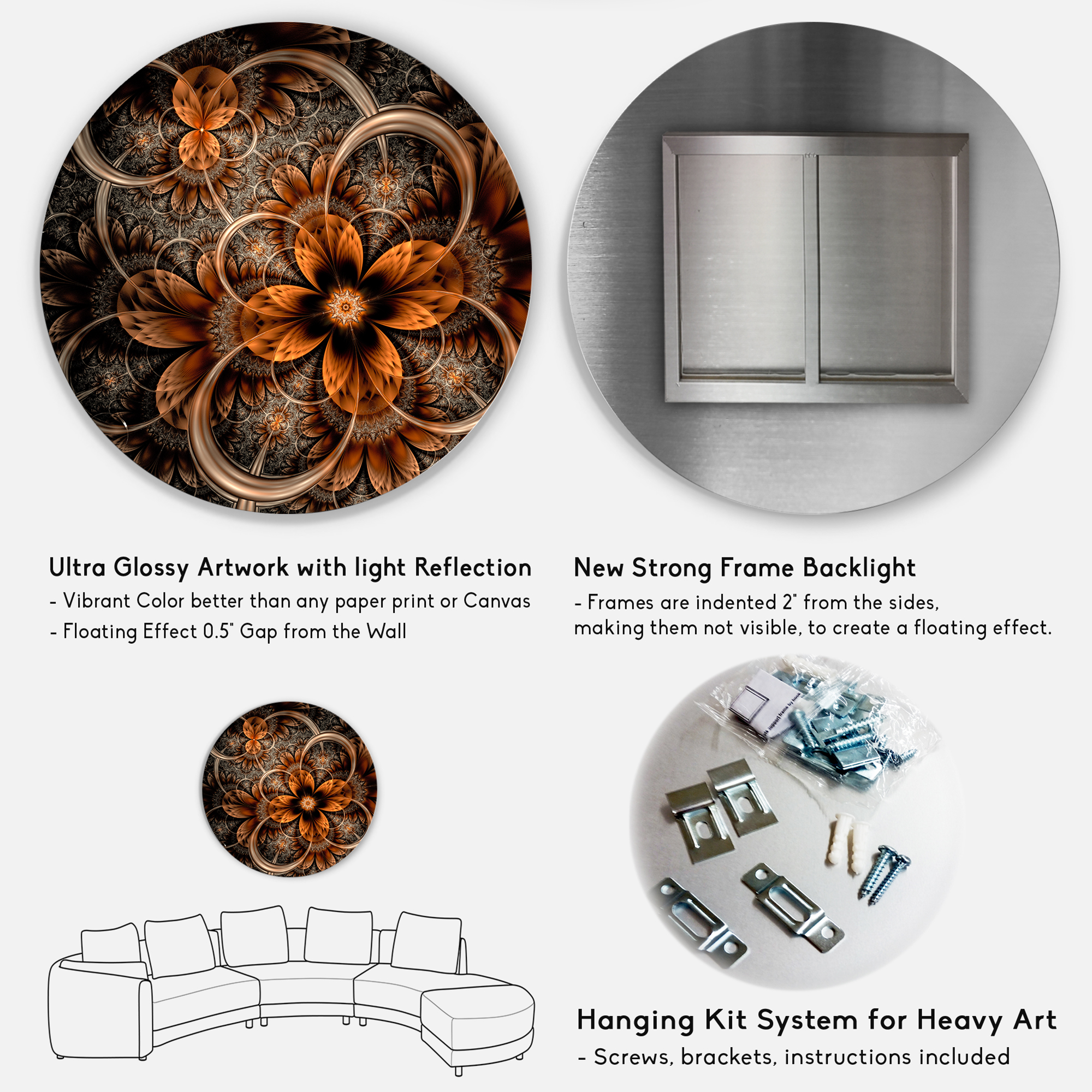 Designart 'Dark Orange Digital Art Fractal Flower' Floral Metal Circle Wall Art - Image 5