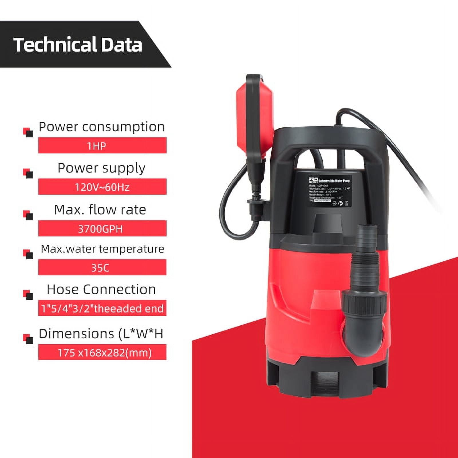 Sump Pump ,1HP Submersible Electric Water Pump with 3700GPH Automatic Float Switch for Pool Draining Hot Tub Flood Drain and Irrigation - Image 13