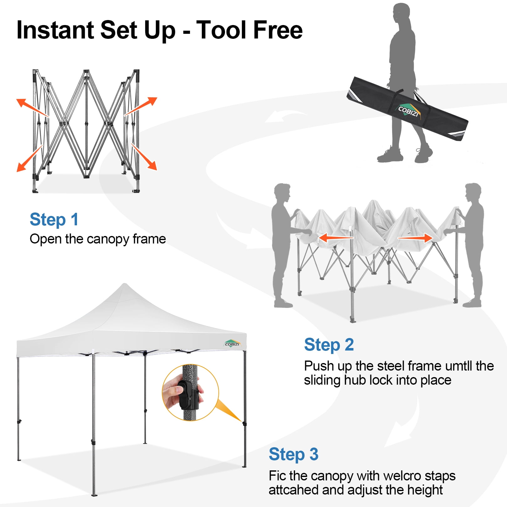 COBIZI 10x10 Heavy Duty Pop-up Canopy Tent for Outside, UPF 50+ Waterproof and Instant Outdoor Shelter, Outdoor Canopy for Beach,Party,Camping with Rope,Stake and Carrying Bag,White(Frame Thickened) - Image 3