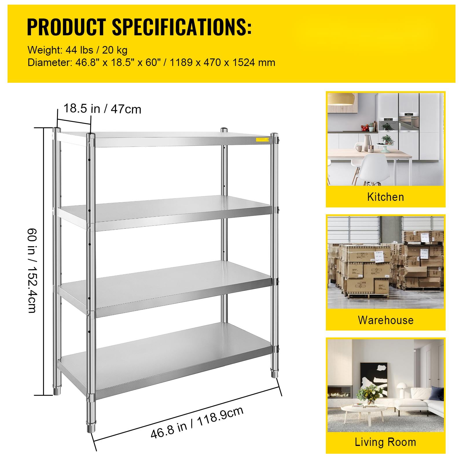 BENTISM 46.8x18.5 inch Stainless Steel Shelf Heavy Duty Shelf 4 Tire Rack Kitchen Shelf Storage - Image 3