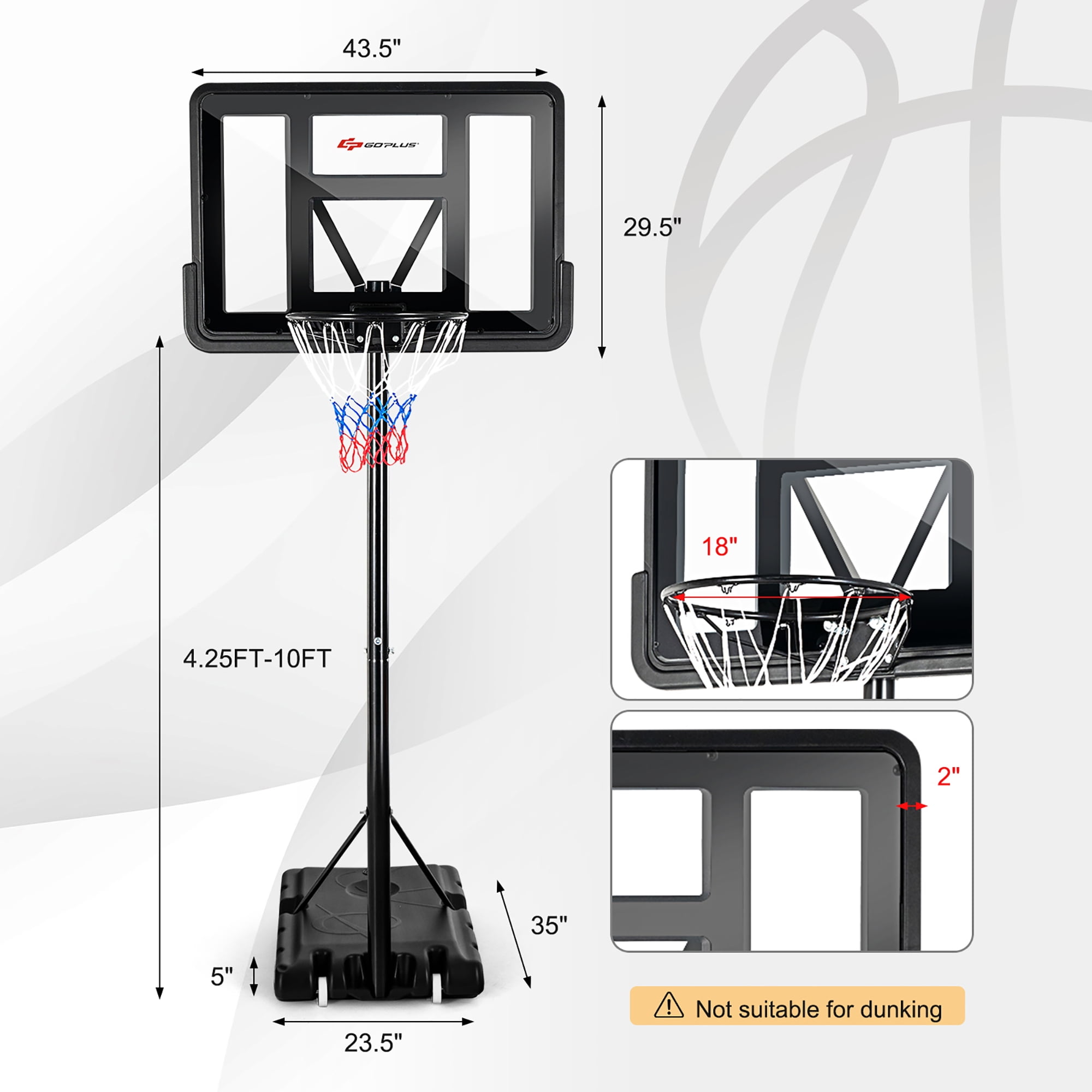 Costway 4.5'-10' Adjustable Height Shatterproof Outdoor Portable Basketball System (Adult) - Image 7