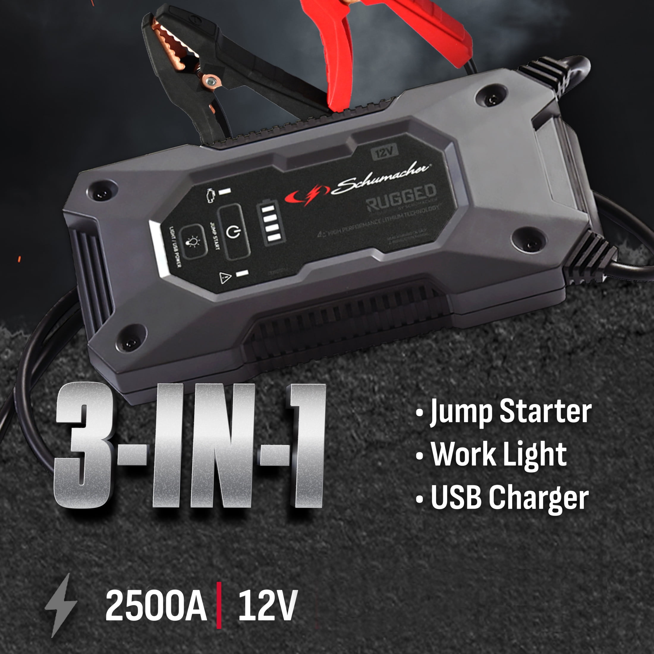 Schumacher Electric Rugged 2500A Lithium Car Battery Jump Starter and Power pack/Jump Box, USB Charging, 12V Sport, Auto, and Marine Batteries, SL1596 - Image 7