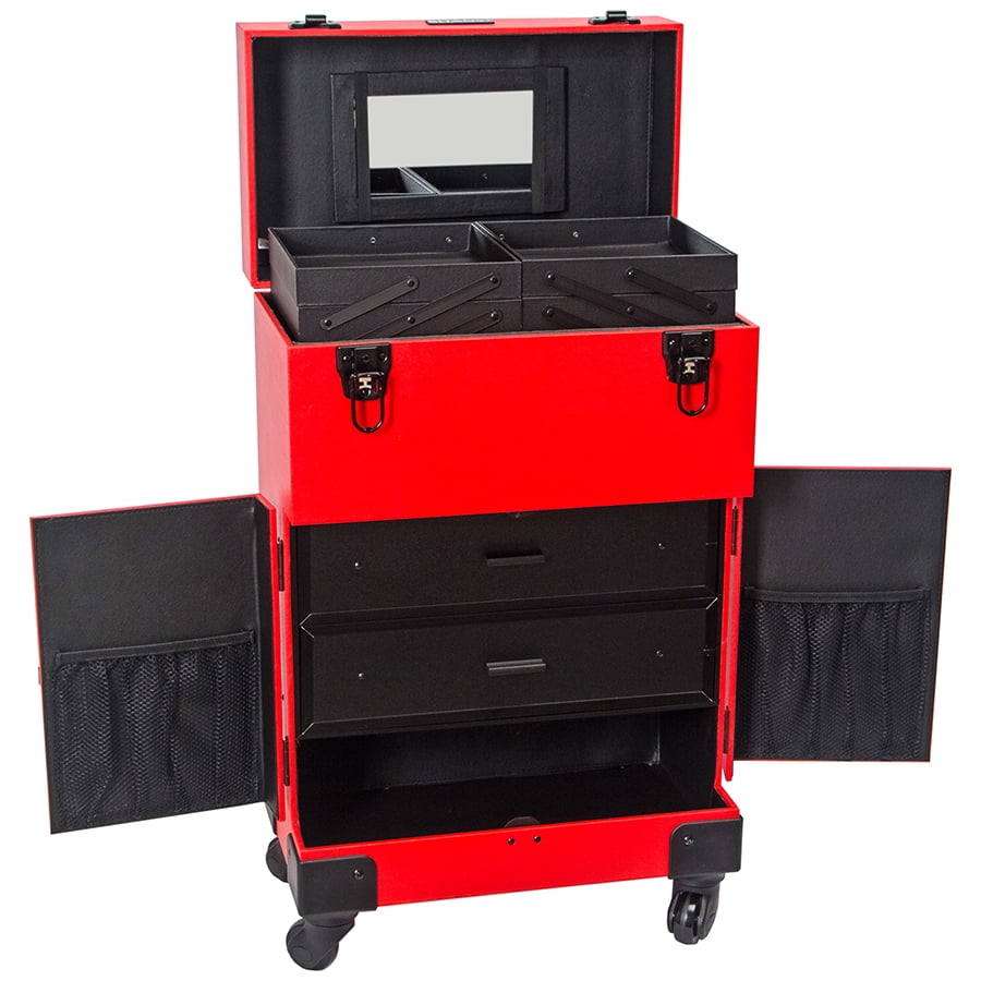 SHANY Large Travel Makeup Case with Mirror - Rolling Cosmetics Case with Multiple Compartments and 360 Degree Wheels - RED - Image 4