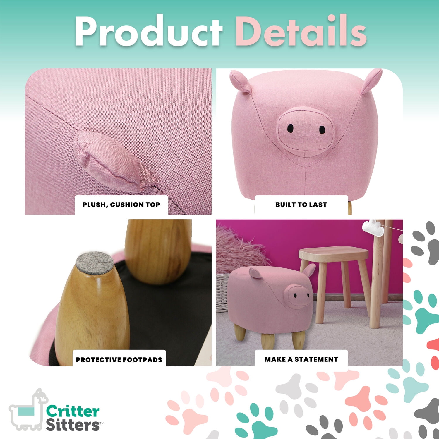 Critter Sitters 15-In. Seat Height Pink Pig Animal Shape Ottoman - Furniture for Nursery, Bedroom, Playroom, and Living Room Decor - Image 11