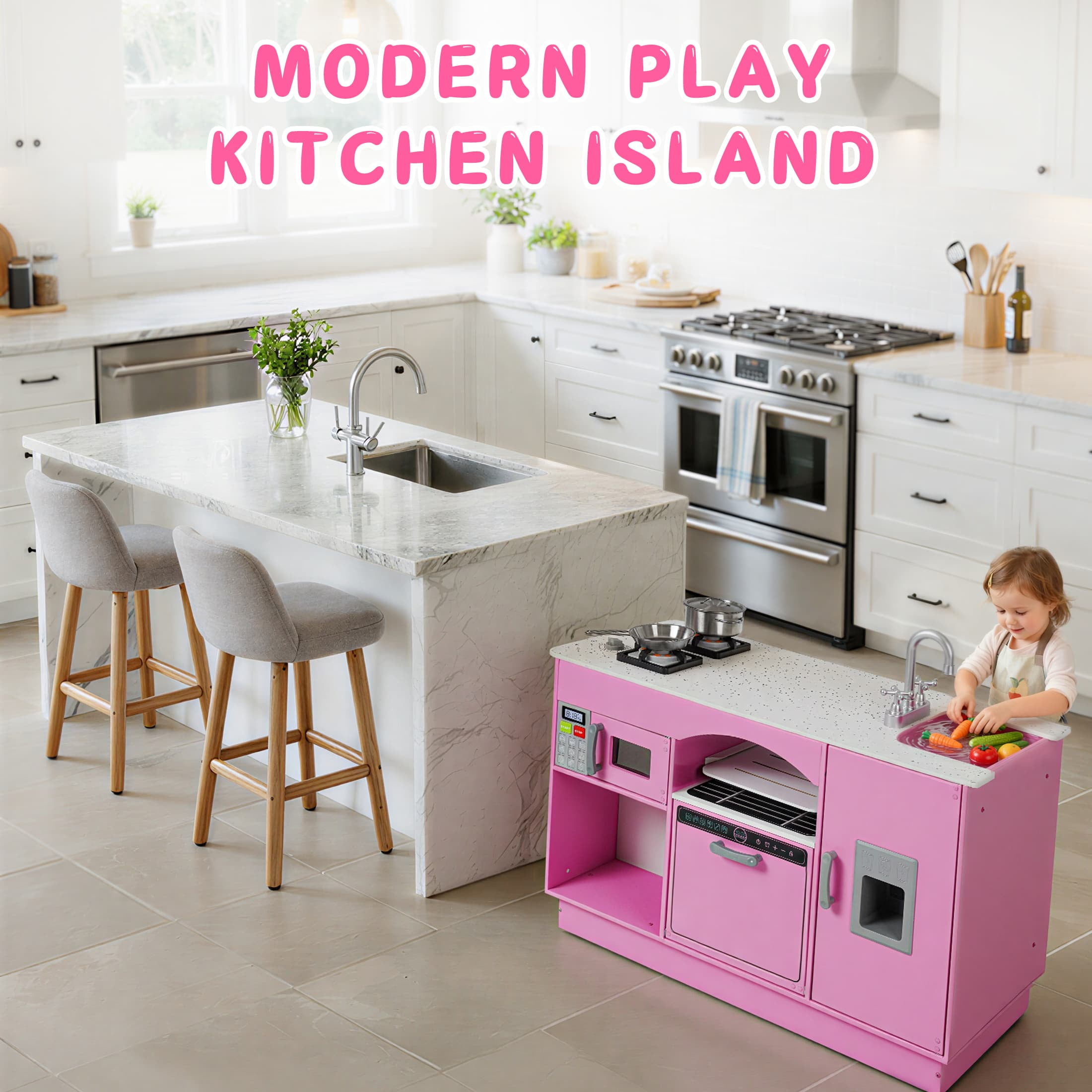 COCLUB Modern Wooden Play Kitchen Island for Kids, Pretend Play Center w/ Electronic Light & Sound Effects, Kids Kitchen Playset | Microwave, Washer, Ice Maker, Chalkboard & Accessories Included - Image 2