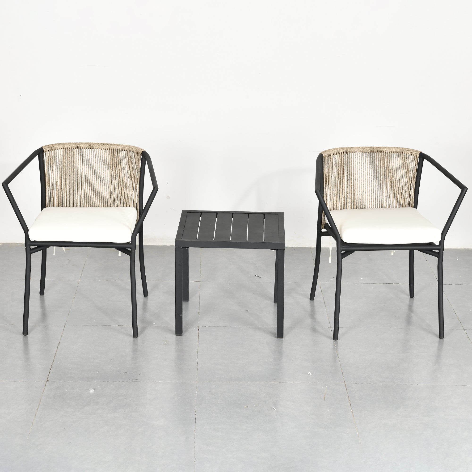 Dextrus 3-Piece Patio Conversation Bistro Set, Outdoor Wicker Dining Table Chairs Set, With 2 Stackable Chairs, Cushions, Side Table - Beige - Image 8