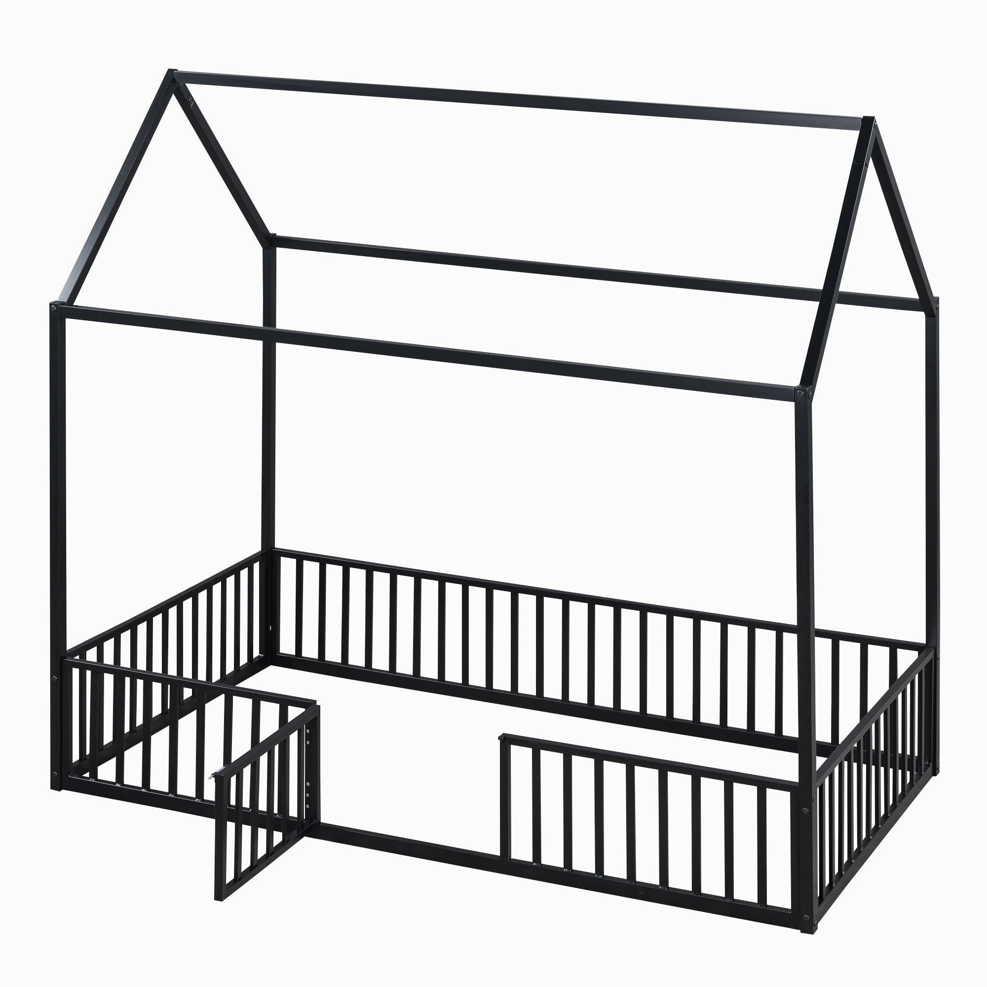 Euroco Metal Twin Size House Bed Frame, Low Profile Canopy Bed with Fence and Door for Kids, Black - Image 5