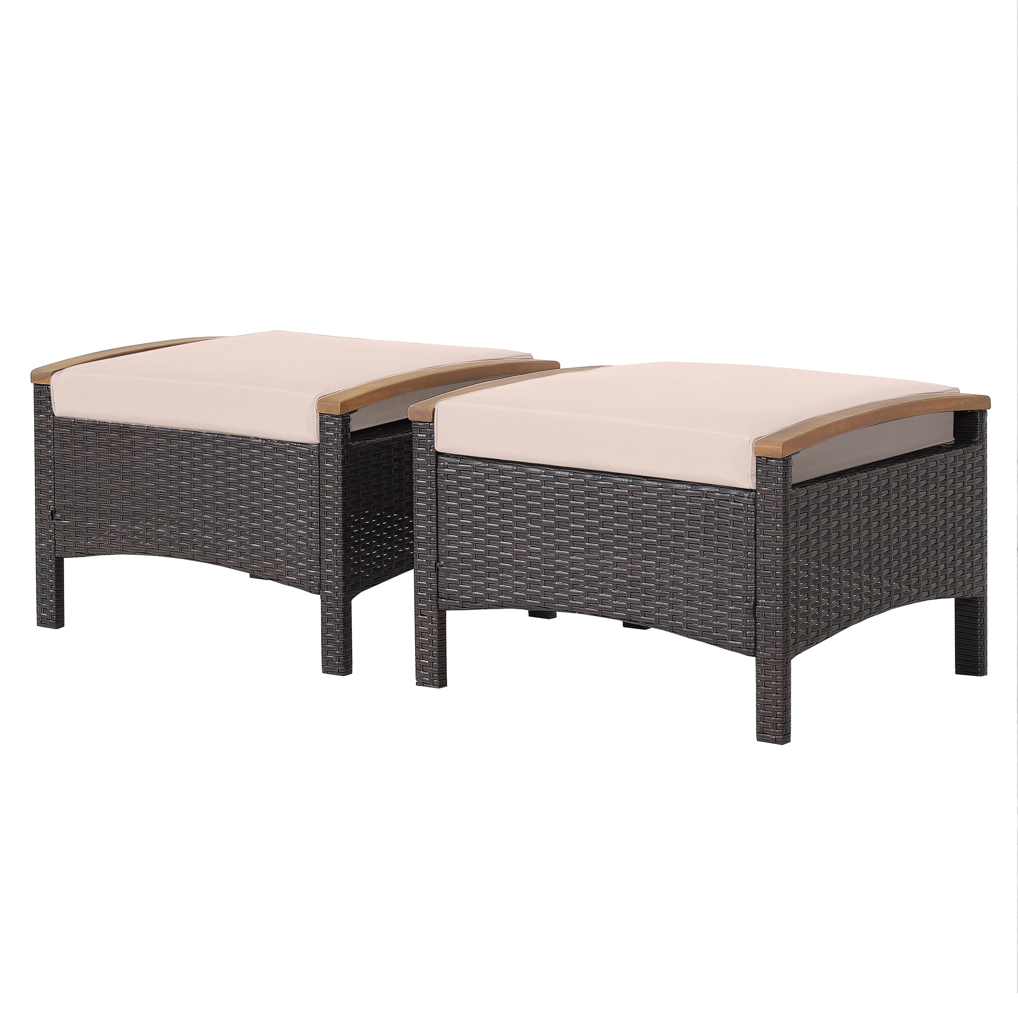 Costway Set of 2 Patio Rattan Ottoman Footrest Cushions Wooden Handle Beige - Image 4