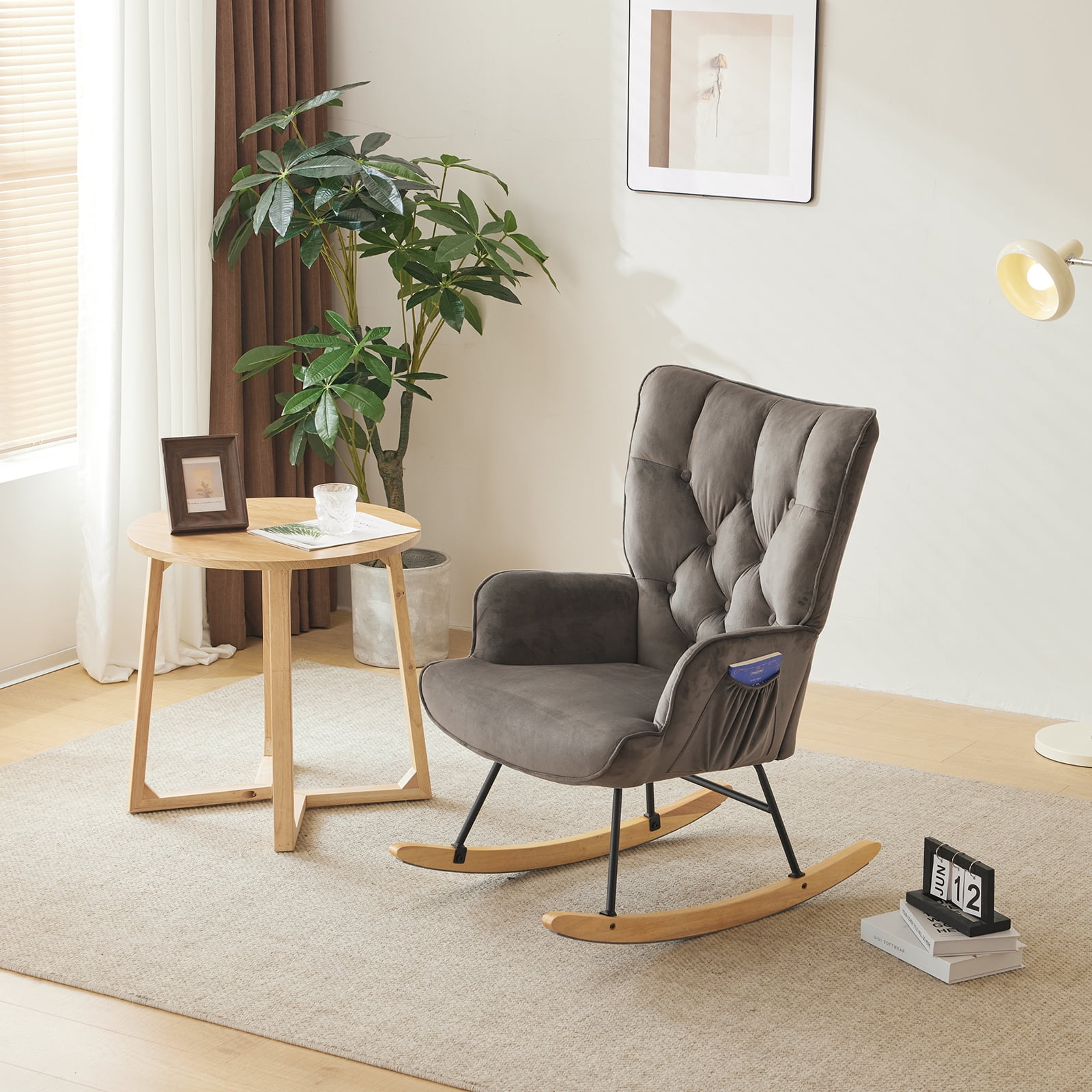 UBesGoo Rocking Accent Chair, Soft Padded Armchair, Comfy Tufted Side Chair with Sturdy Wooden Metal Legs for Living Room Bedroom Gray - Image 3