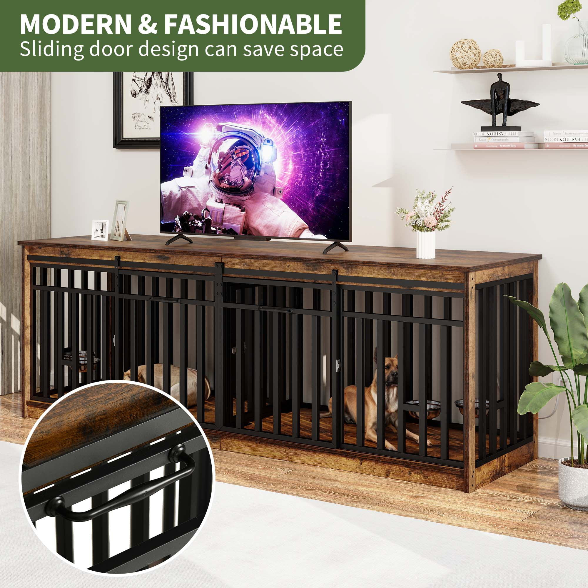 Uforic 87" Dog Crate Furniture with Dog Bowl for 2 Large Dogs,Indoor Furniture Style Wooden Large Dog Kennel TV Stand Sliding Doors - Rustic Brown - Image 7