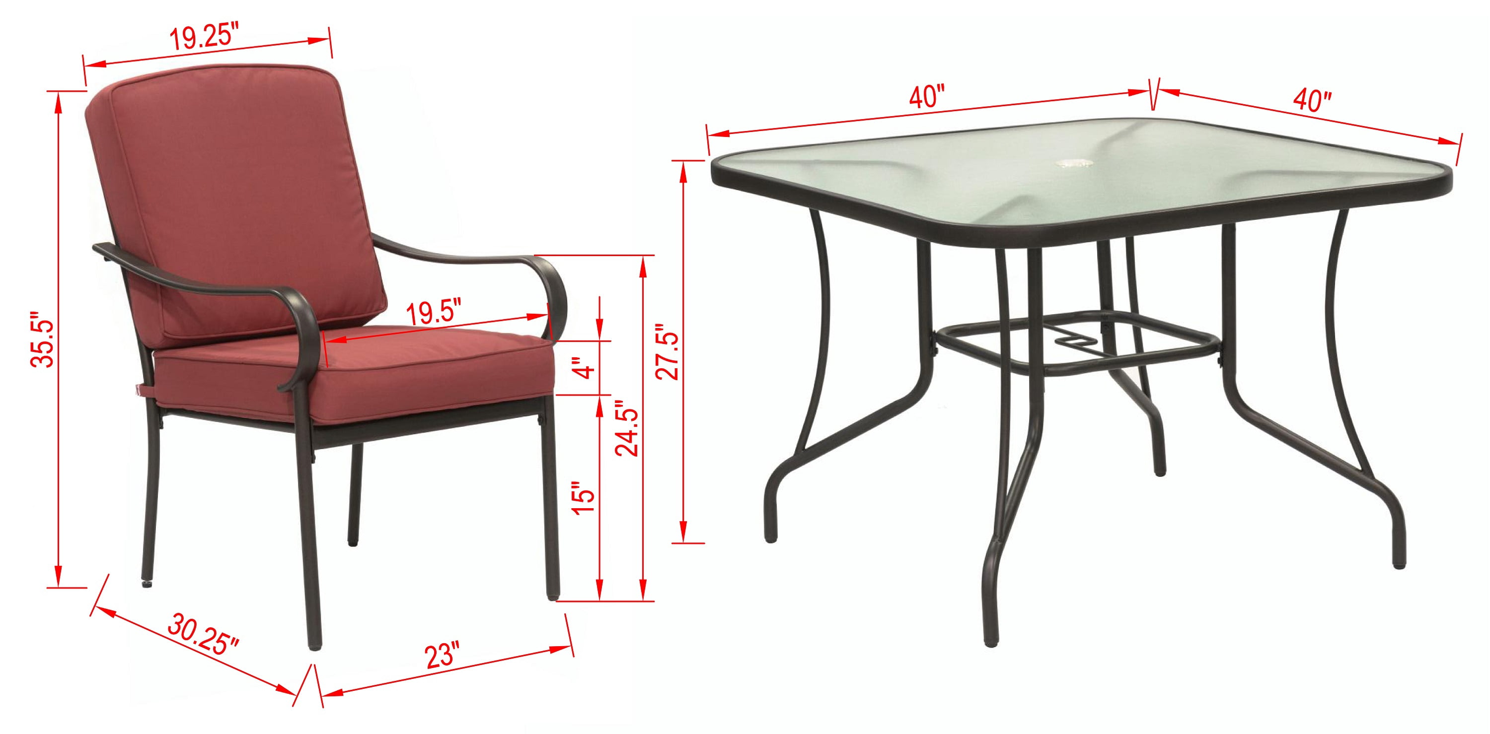 Outdoor Patio Garden Furniture Augusta 5-Piece Dining Set with 4 Cushioned Chairs, 1 Square Dining Table - Red - Image 8
