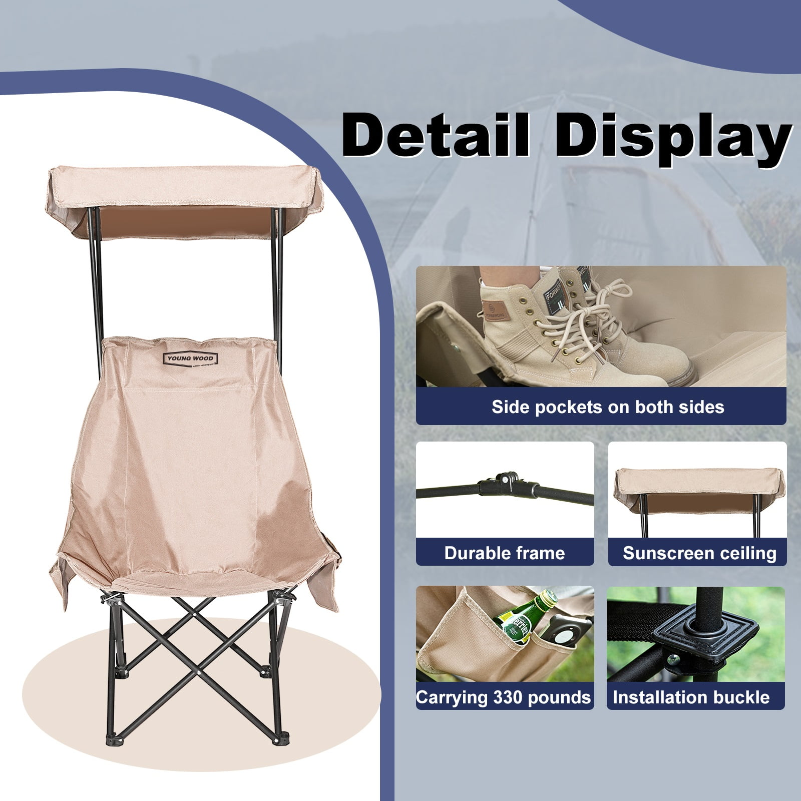 Young Wood Portable Camping Chair with Shade Canopy and Side Pocket Design, Khaki, 1pc - Image 4