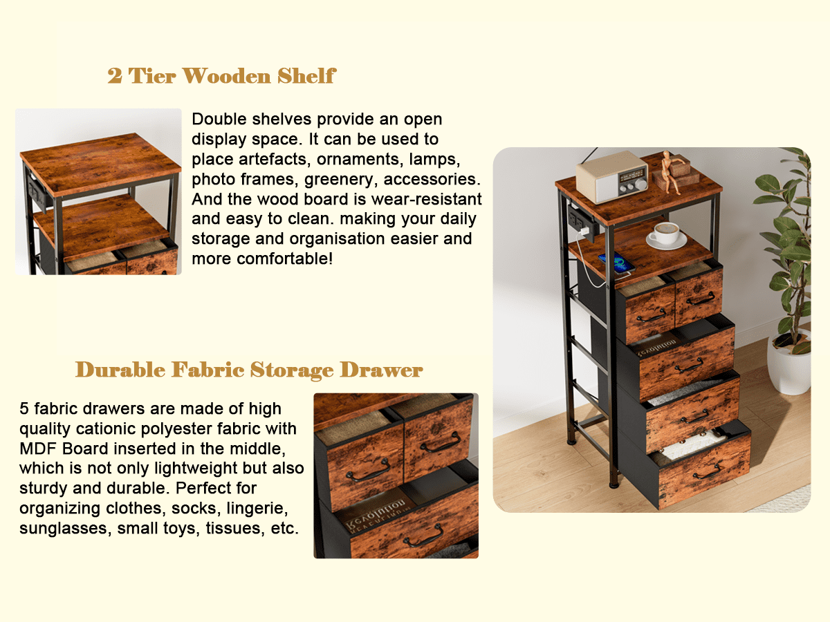 Furologee Vertical Storage Dresser with 5 Drawers & Shelves for Bedroom, Living Room, Nightstand with Charging Station & Led Lights for Adult, Rustic Brown - Image 7