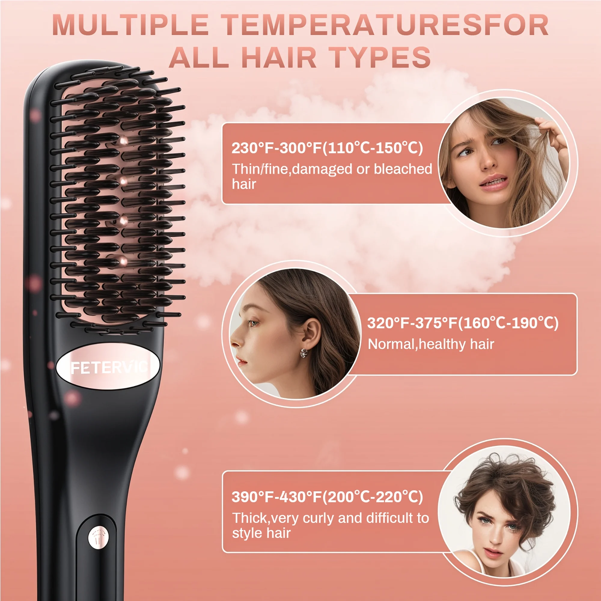 Hair Straightener Brush, FETERVIC Steam Hair Straightening Comb for All Hair Types , 13 Temp Settings & 30s Fast Heating & 60-Minute Auto Shut-Off - Gifts for Women - Image 7