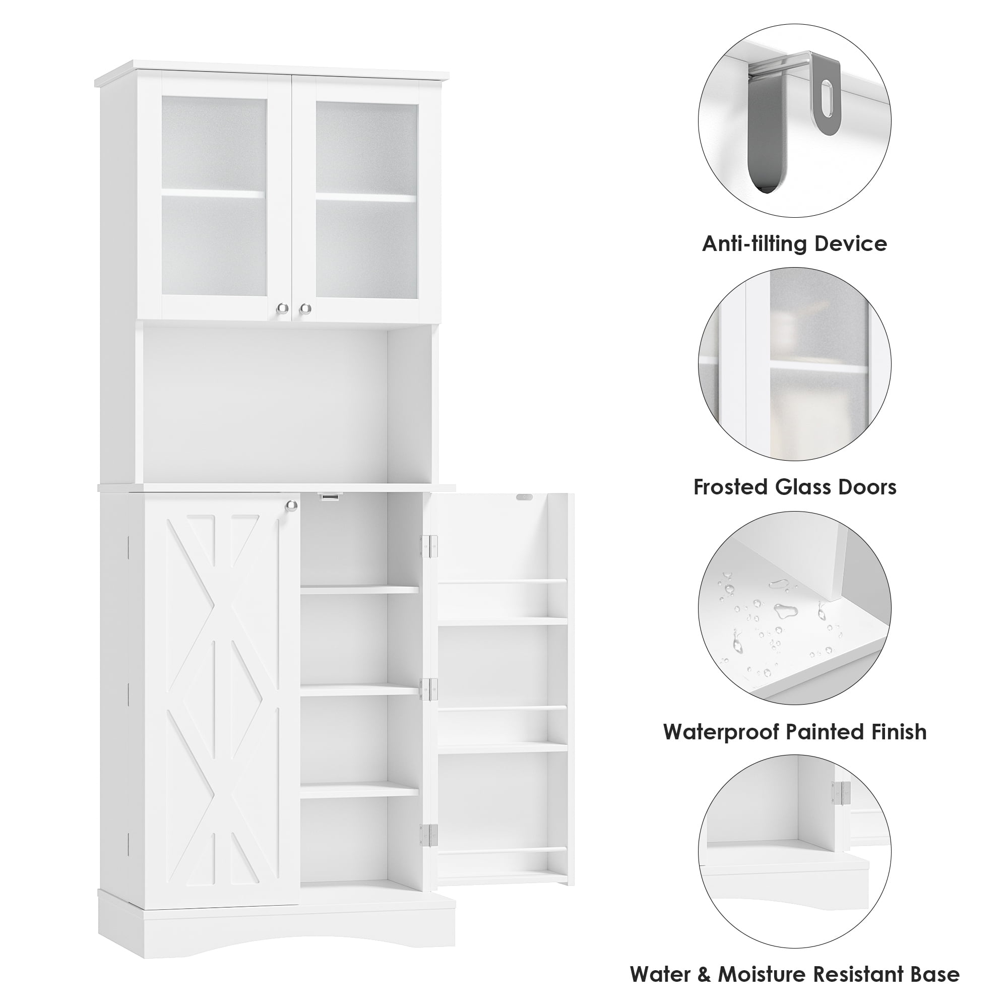 Homfa Farmhouse Kitchen Pantry with Microwave Shelf, 4 Doors Food Storage Cabinet with Adjustable Shelves for Dining Room, White - Image 6