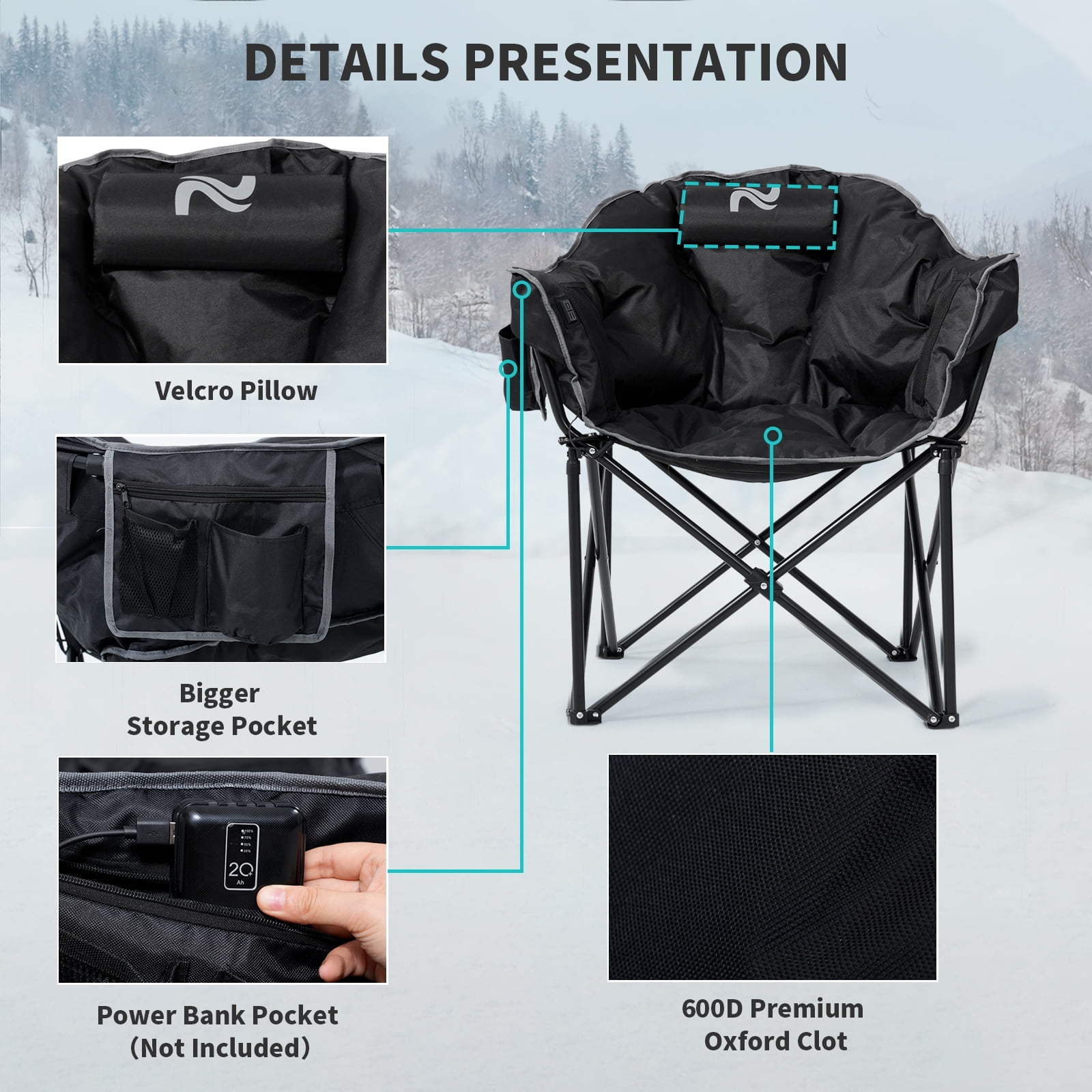 Slsy Oversized Heated Camping Chair w/Pillow, Padded Camp Chair with 3 Heat Levels, Portable Folding Heated Chair Round Moon Saucer Folding Lawn Chair Outdoor Chair for Camping, Lounge Patio - Image 3