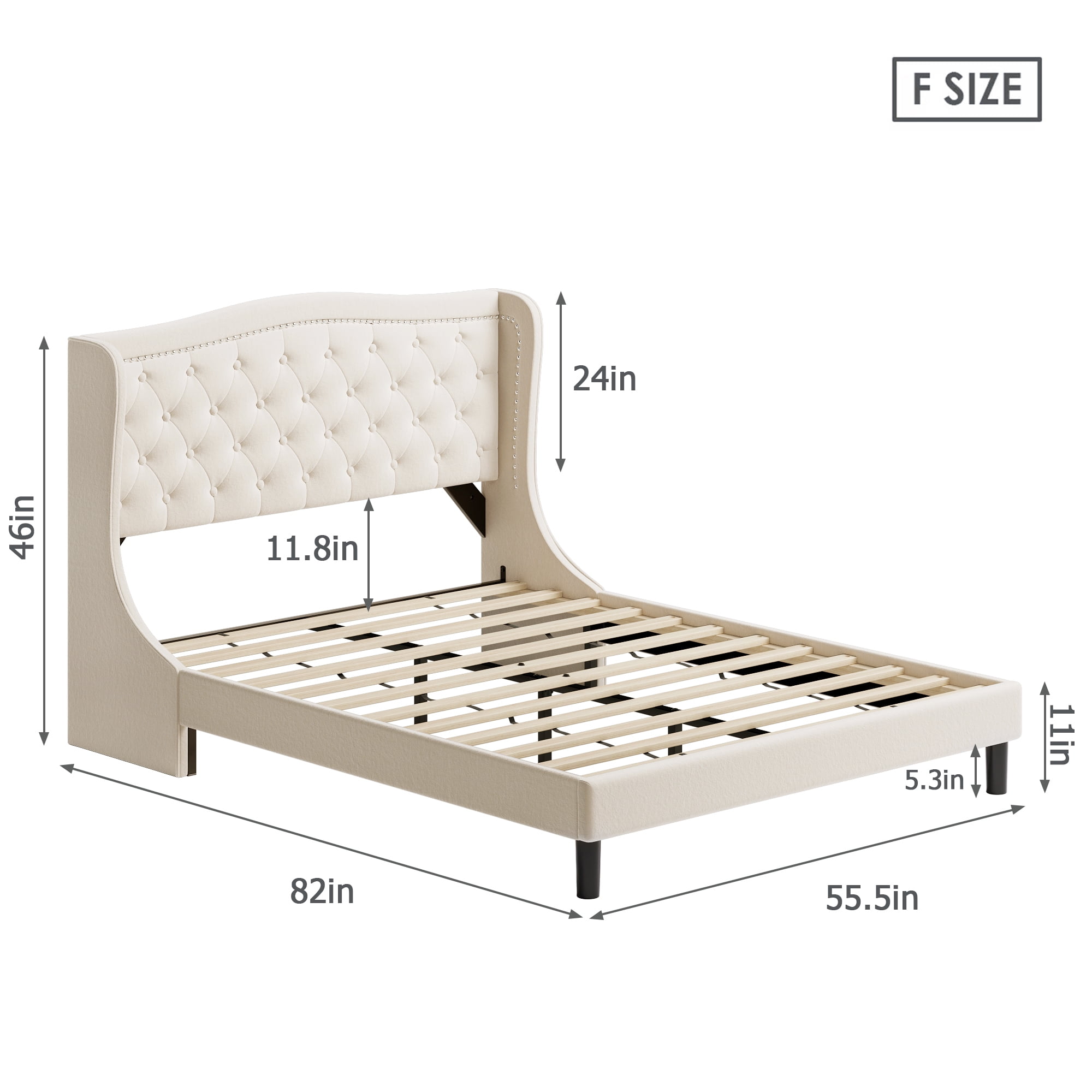 Homfa Full Size Bed, Modern Velvet Fabric Platform Bed Frame with Wing Back Tufted Upholstered Headboard, No Box Spring Needed, Beige - Image 6