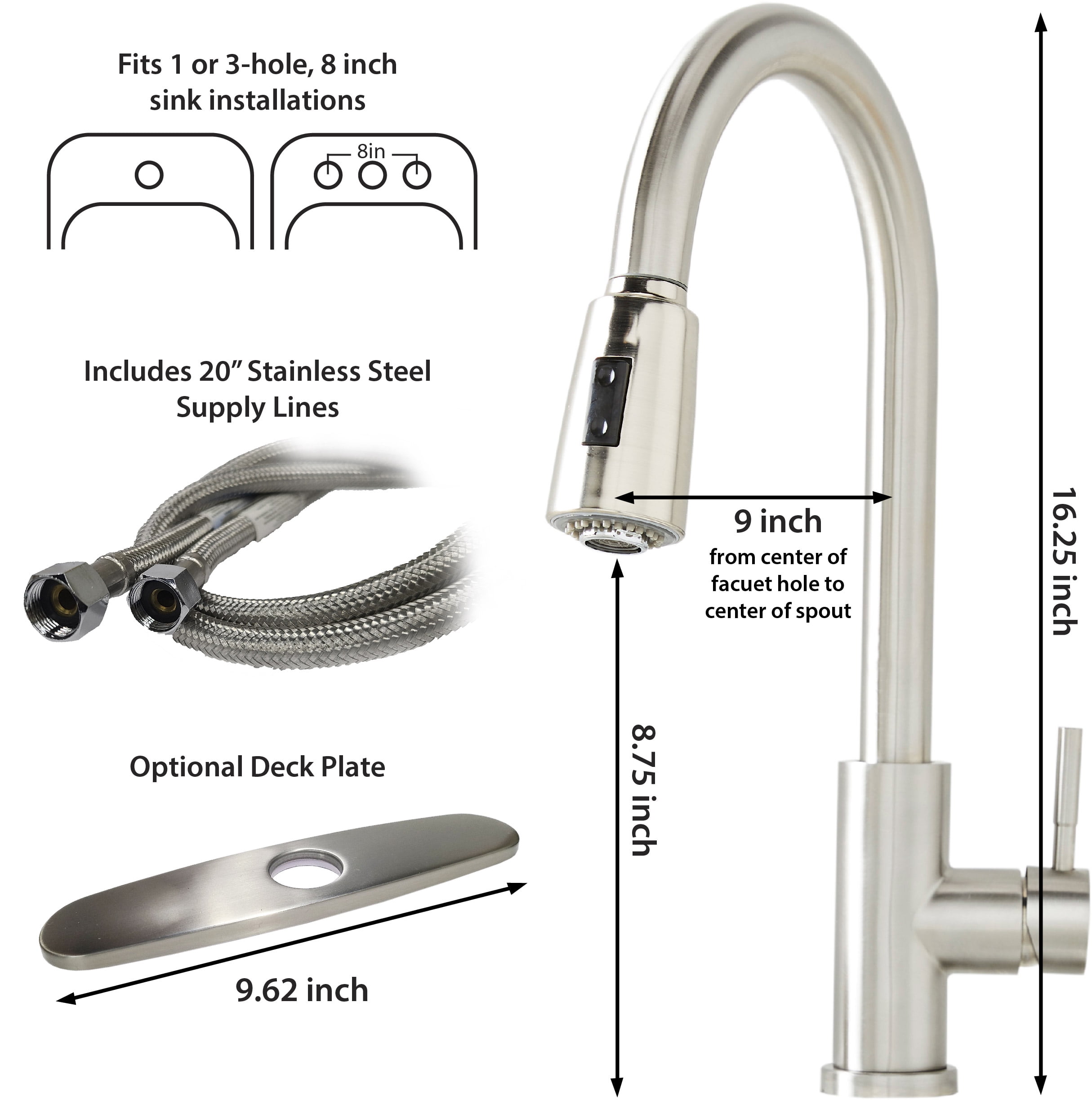 Better Homes & Gardens Elmont High Spout Single Handle Pull Down Kitchen Faucet with Soap Dispenser, Satin Nickel - Image 9