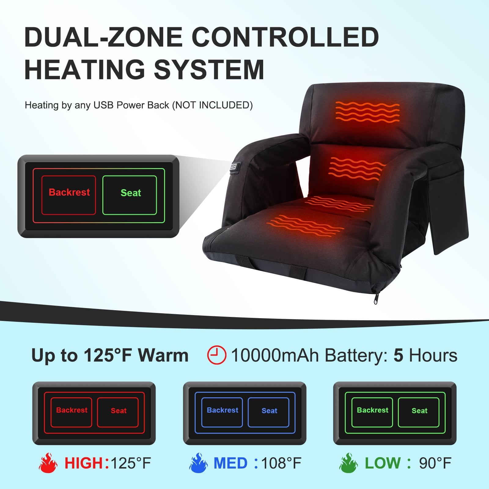 Slsy Dual-Sided Heated Ion Stadium Seats for Bleachers with Back & Arm Support and Wide Cushion, Extra Portable 6 Reclinng Positions Bleacher Seat for Outdoor Camping Games Sports - Image 4