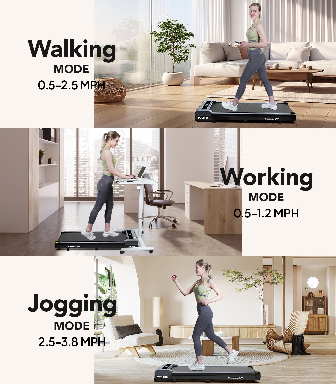 TOSSFD 2.5HP Walking Pad,38.6"*15.7"Walking Area,0.5-3.8MPH Under Desk Treadmill for Home/Office, Walking Jogging Machine with 280 lbs Weight Capacity,X2 - Image 6