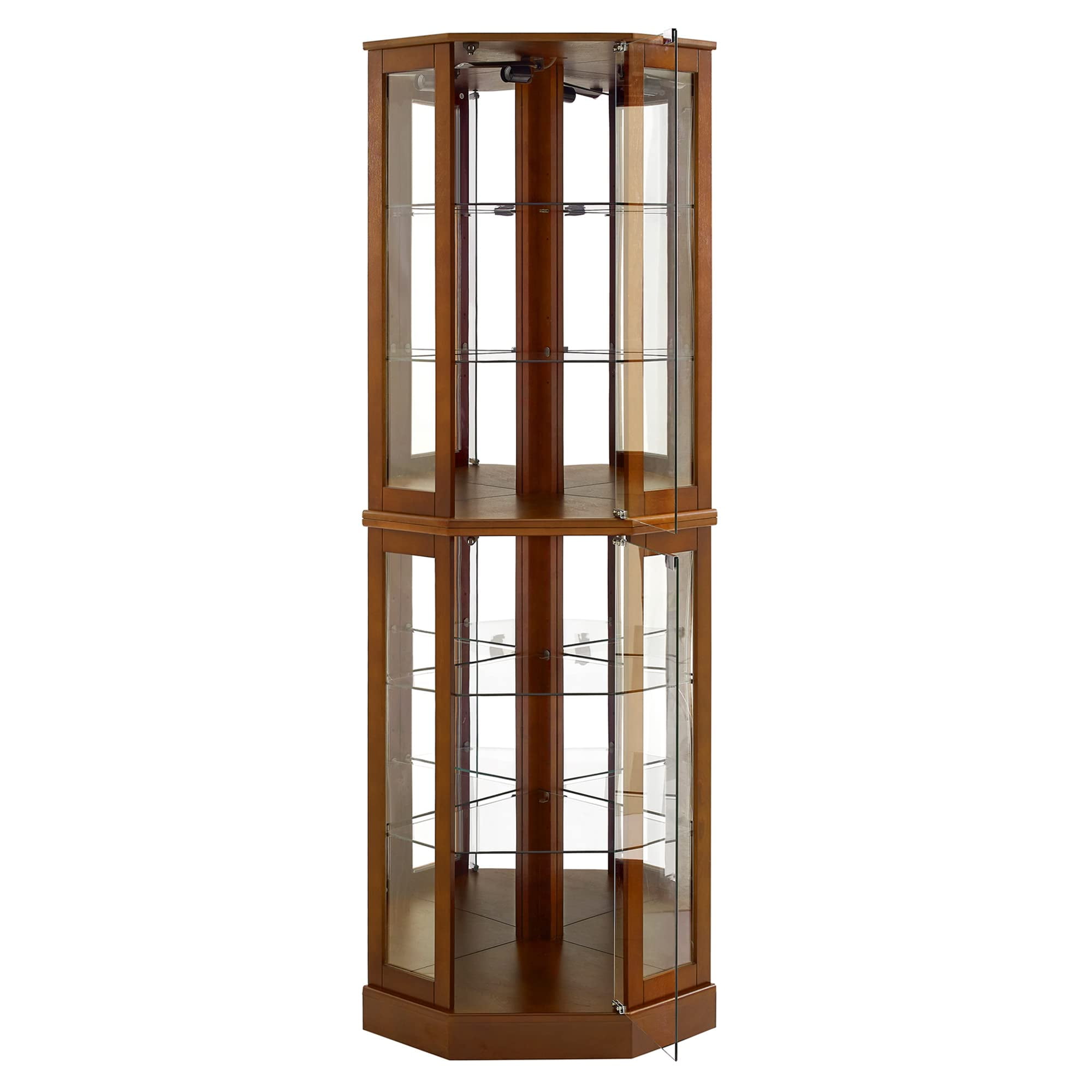 Miniyam 6 Shelf Corner Curio Display Cabinet with Lights, Glass Doors, Walnut - Image 2