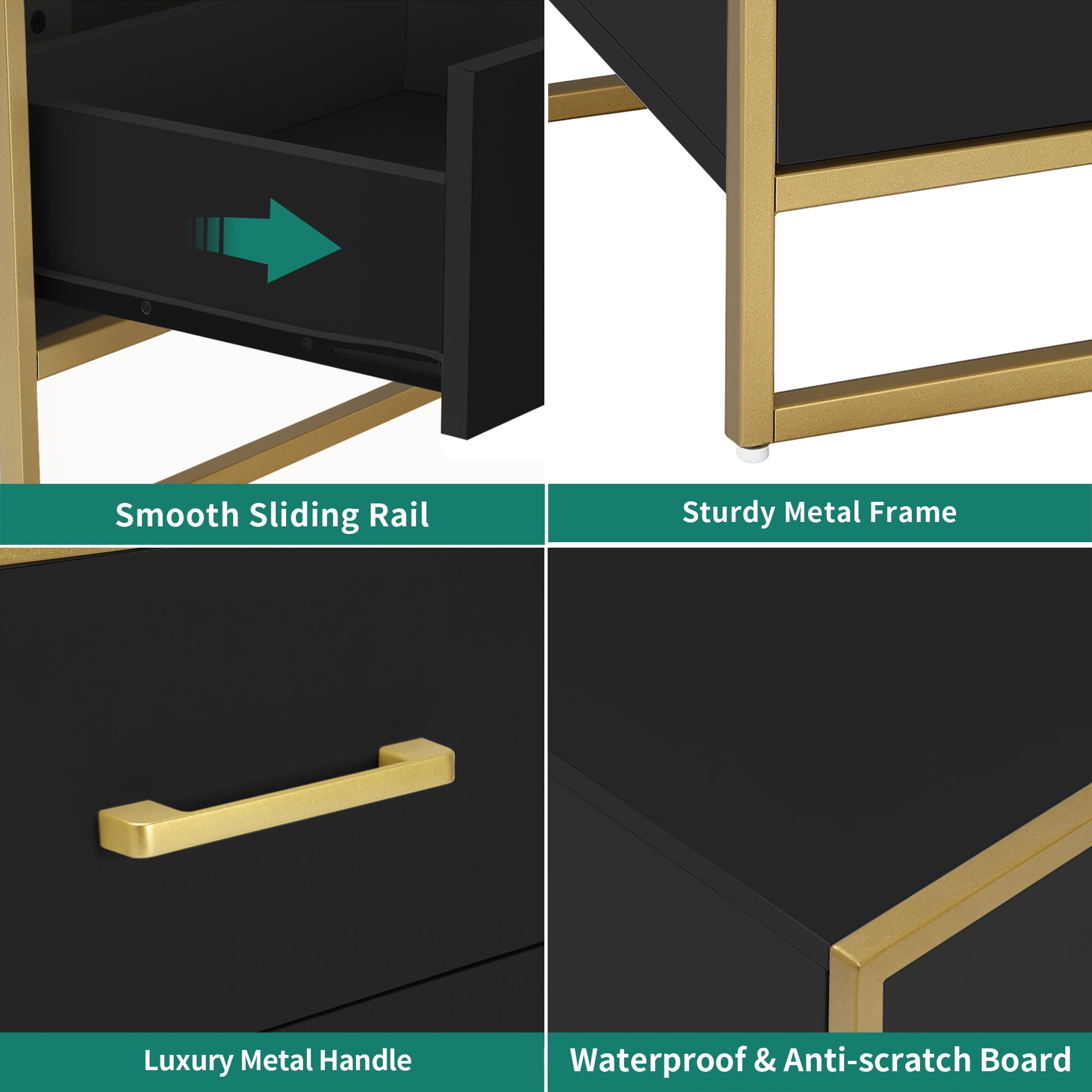 Dextrus Nightstand End Side Table, 2 Drawers, Metal Frame for Bedroom Living Room, Black and Gold - Image 6