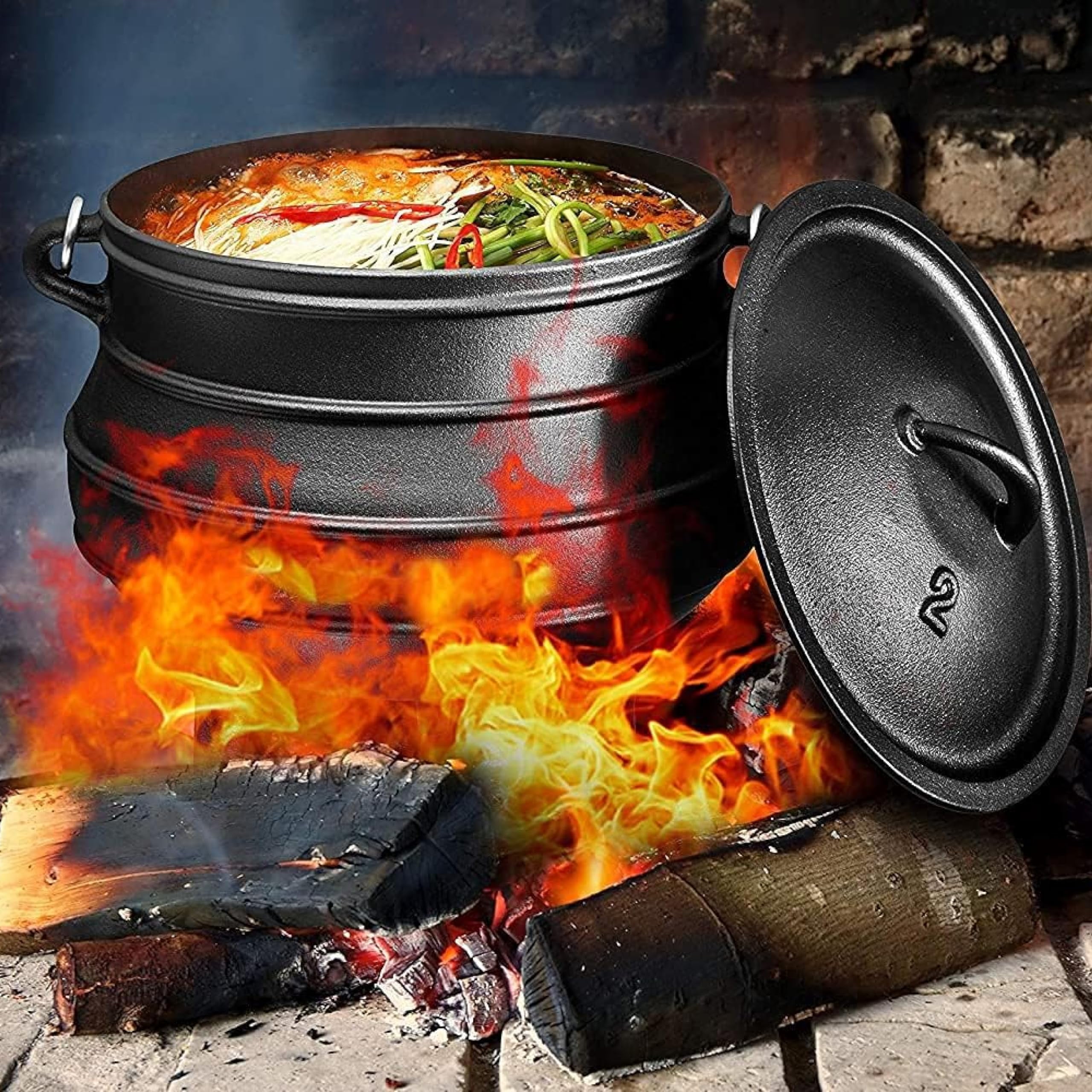 Bruntmor 8-Quart Pre-Seasoned Cast Iron Cauldron - African Potjie Pot with Lid - 3-Legged Pot for Even Heat Distribution - Outdoor Cast Iron Dutch Oven Cookware for Campfire Cooking and Boiling - Image 7