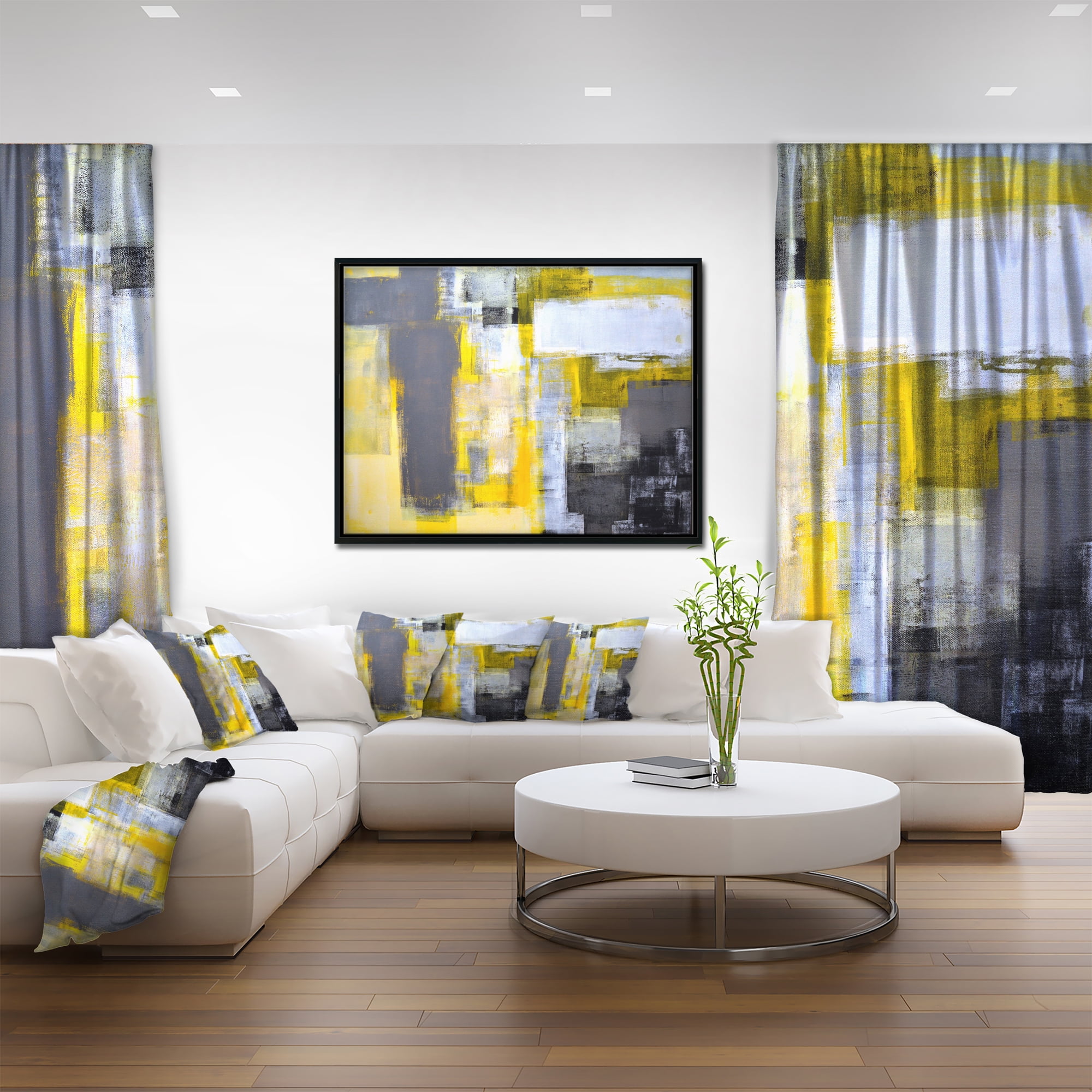 Designart ' Grey and Yellow Blur Abstract ' Abstract Framed Canvas Art Print - Image 2