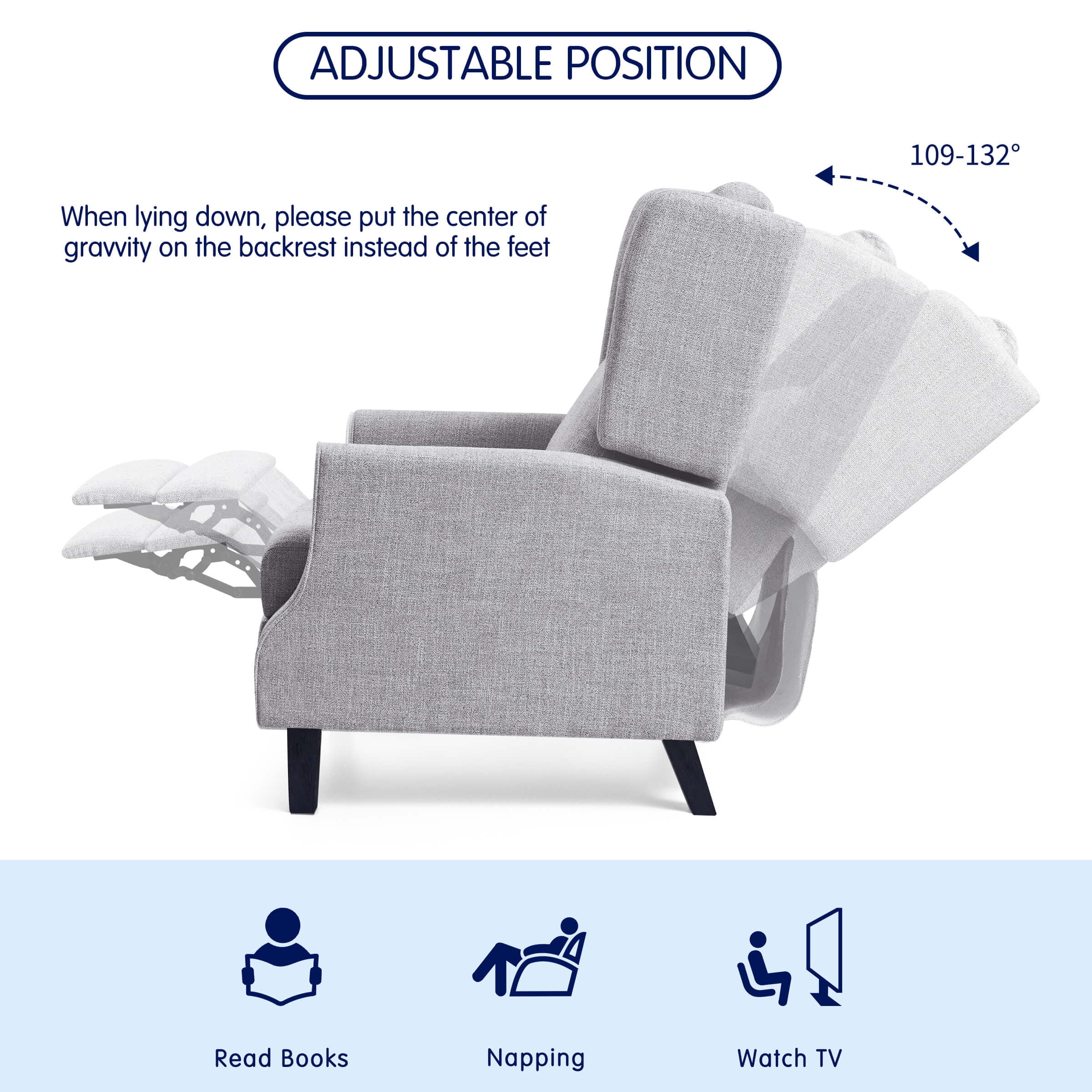 Subrtex Push Back Recliner Chair, Modern Upholstered Manual Wing Chair with Extending Footrest Linen Fabric Recliner Chair (1 PC, Gray) - Image 5
