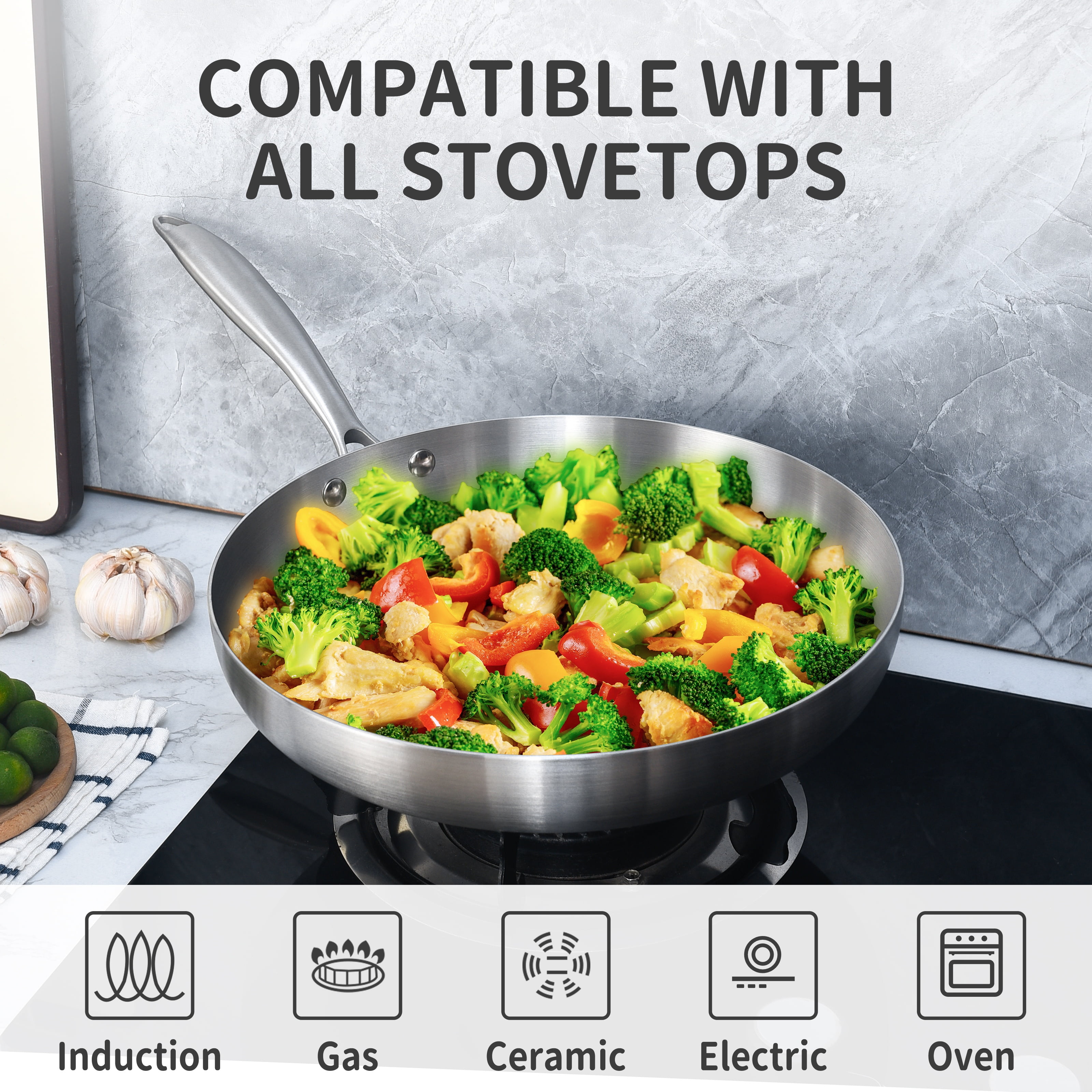 LOLYKITCH Tri-ply Stainless Steel Frying Pan Set with a Lid,8.5-10 inch Skillets,Induction Cooking Pan,Dishwasher and Oven Safe,Rivet Handle. - Image 6