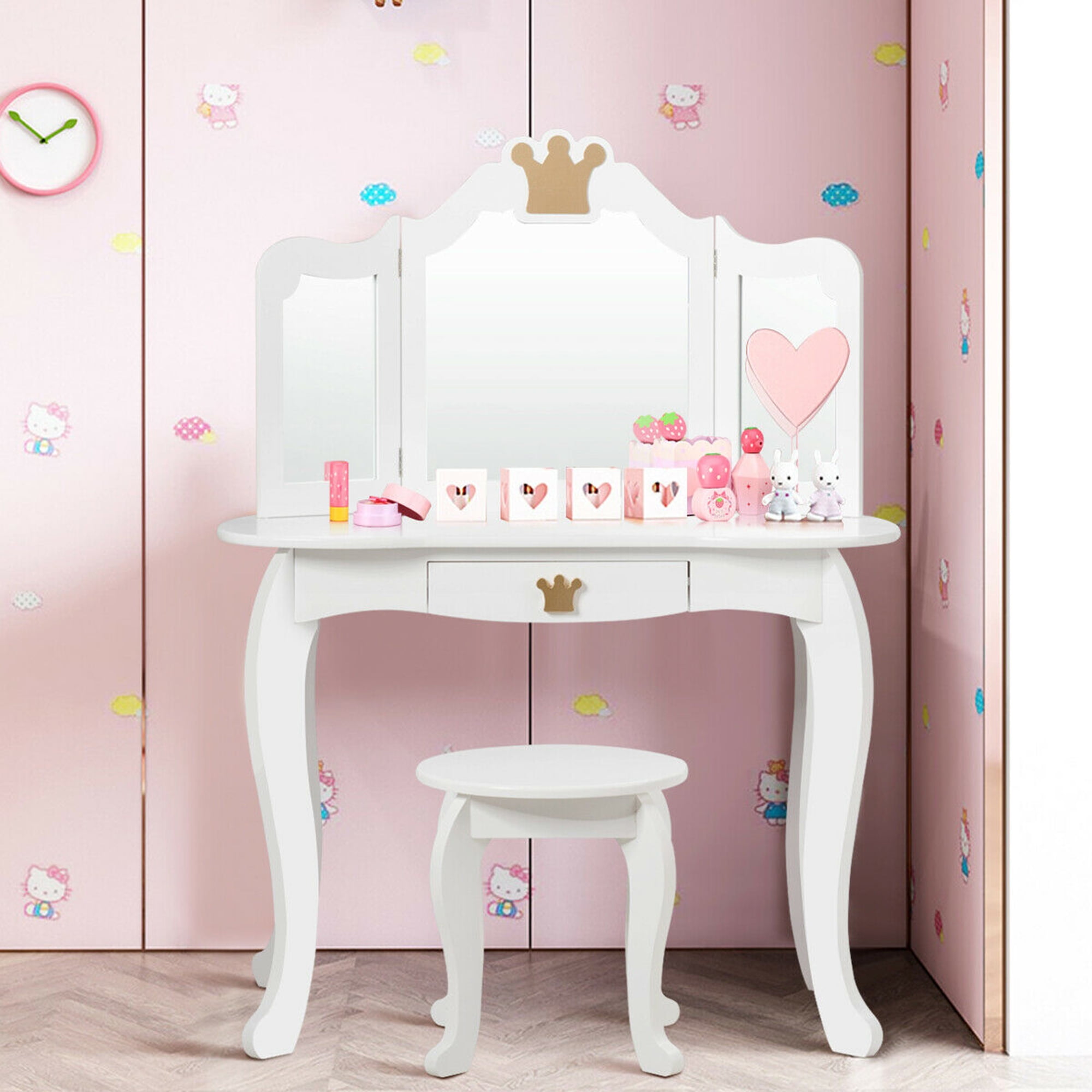 Gymax Kids Makeup Dressing Table Chair Set Princess Vanity & Tri-folding Mirror White - Image 4